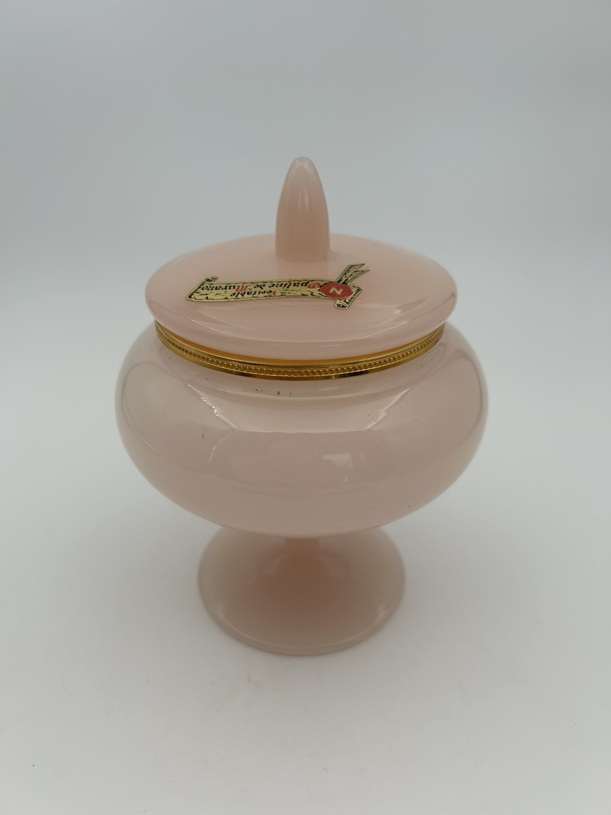 Vintage Italian Pink Opaline Glass Dresser Jar by Vincenzo NASON with Label Vintage Italian Pink Opaline Glass Dresser Jar by Vincenzo NASON with Label