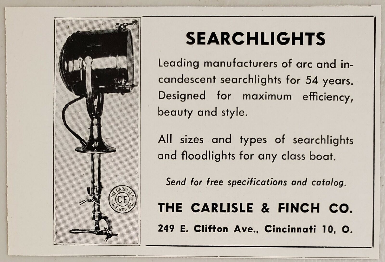 1948 Print Ad Carlisle & Finch Boat Searchlights Made in Cincinnati,Ohio 1948 Print Ad Carlisle & Finch Boat Searchlights Made in Cincinnati,Ohio