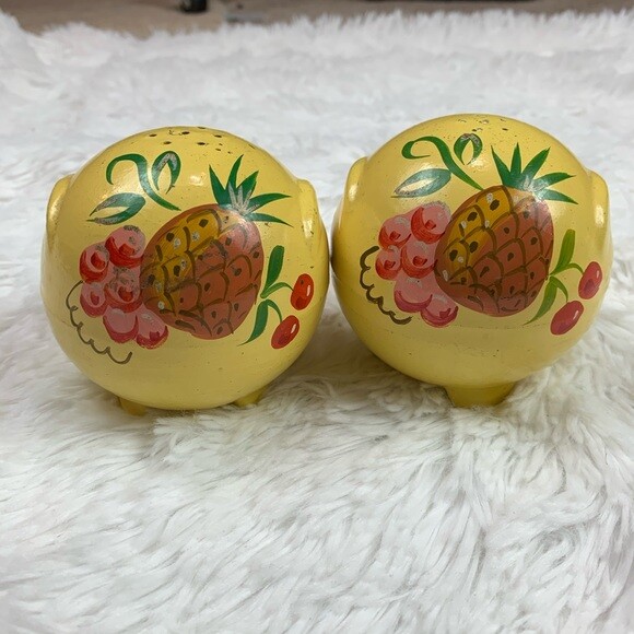 Vintage large round hand painted yellow cherries pineapple Salt & Pepper Shakers Vintage large round hand painted yellow cherries pineapple Salt & Pepper Shakers