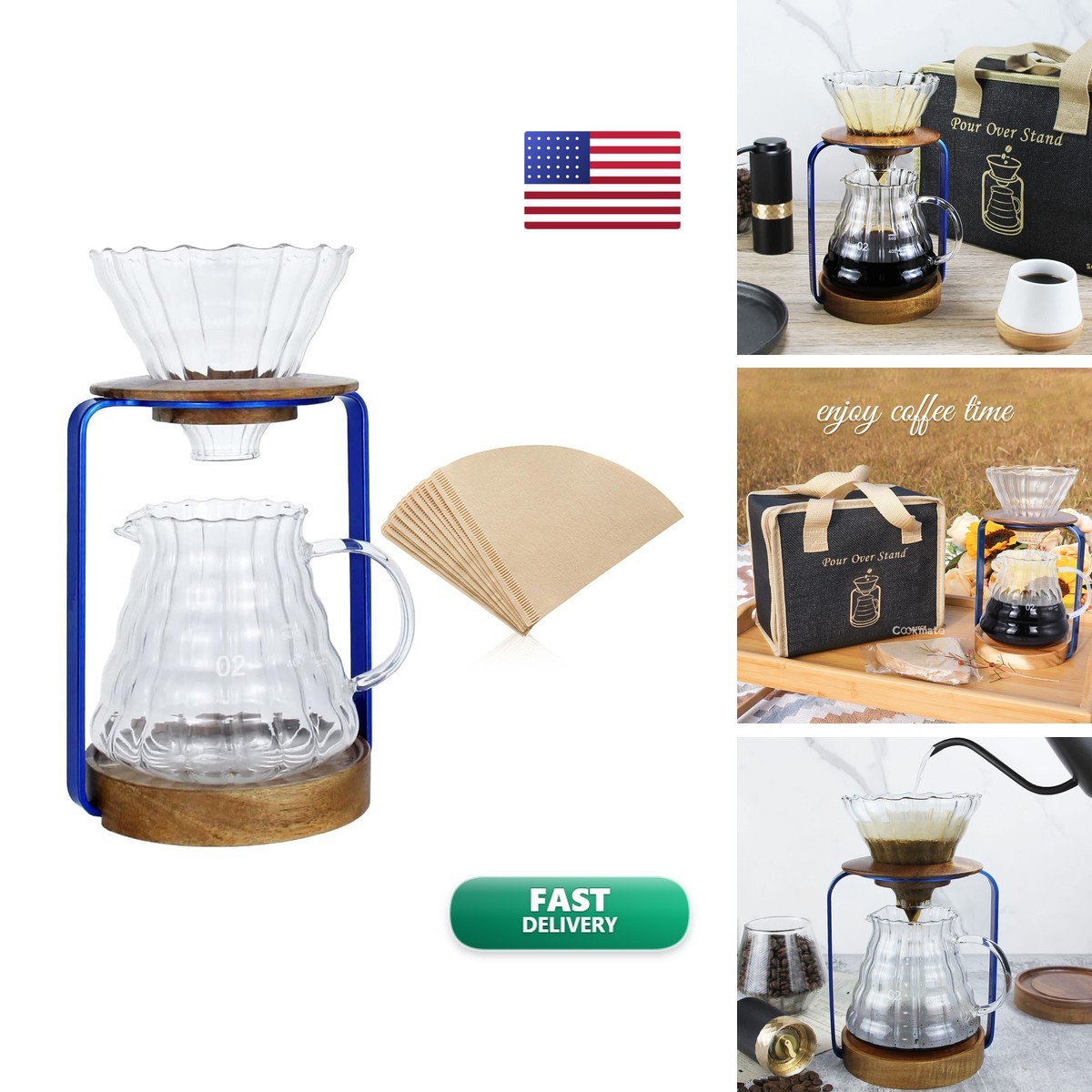 SOTECH Pour Over Coffee Dripper Stand Blue - Metal Wood Glass Server Set SOTECH Pour Over Coffee Dripper Stand Blue - Metal Wood Glass Server Set