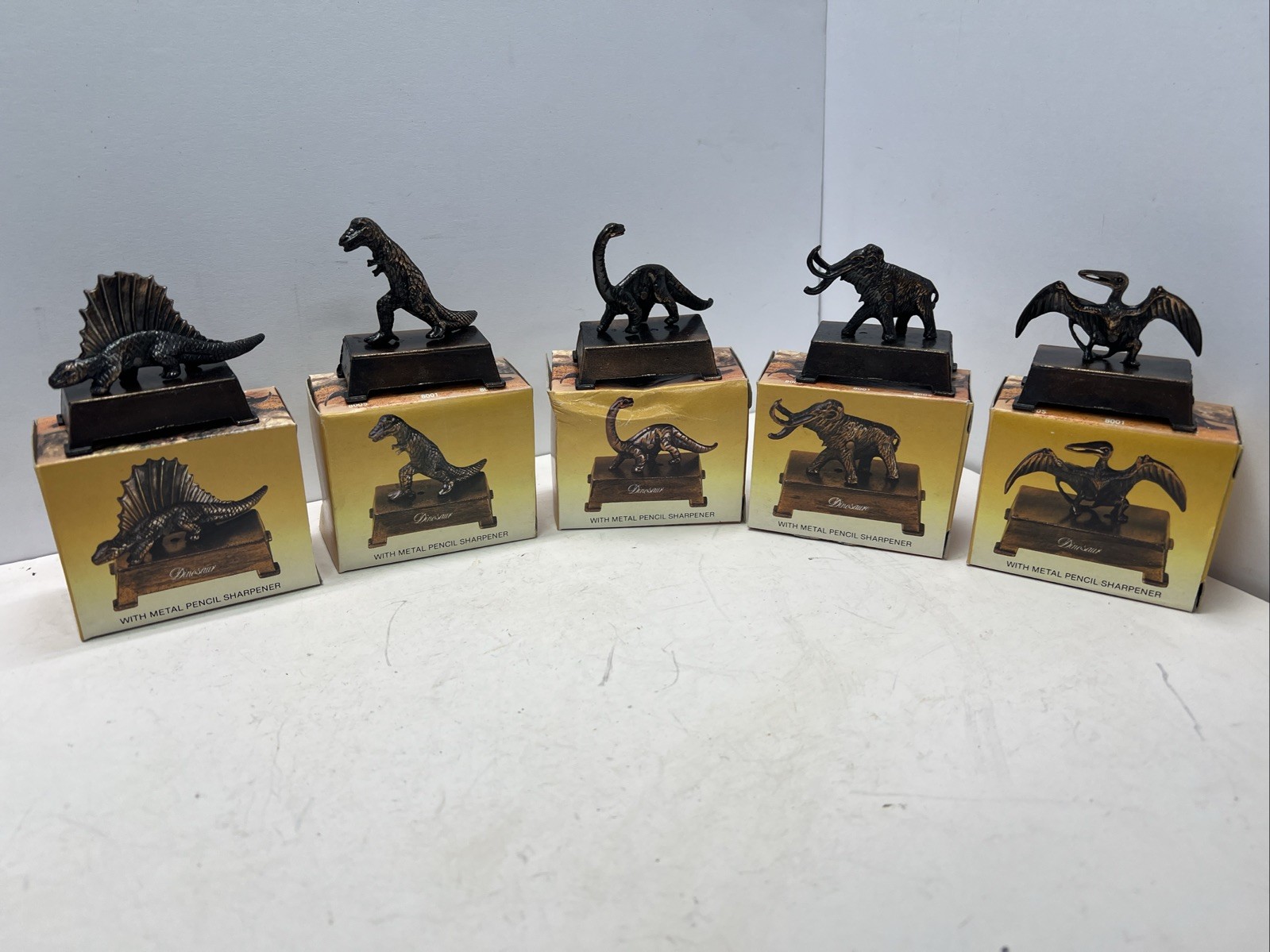 VTG NOS Set Of 5 Metal Dinosaur Pencil Sharpeners W/ Boxes VTG NOS Set Of 5 Metal Dinosaur Pencil Sharpeners W/ Boxes