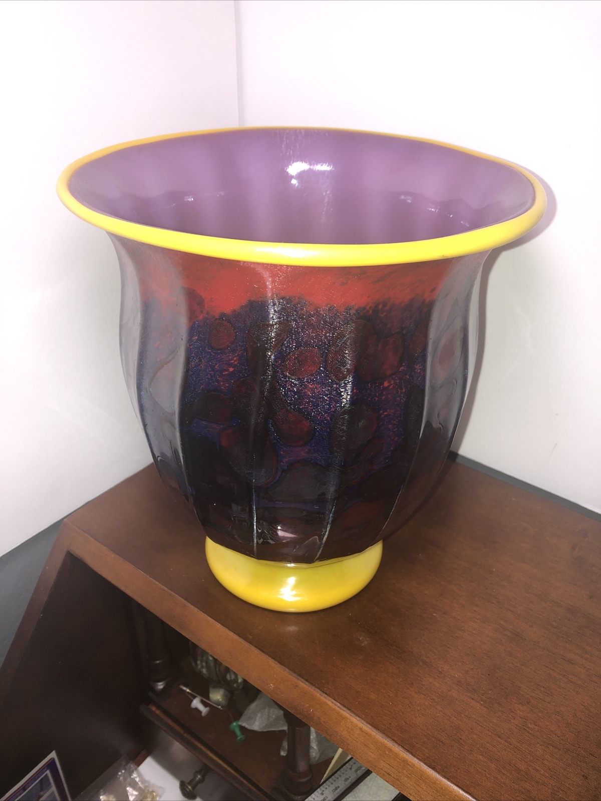 Large Blown Art Glass, Mariusz Rynkiewicz, Yellow, Purple, Red Footed Vase,