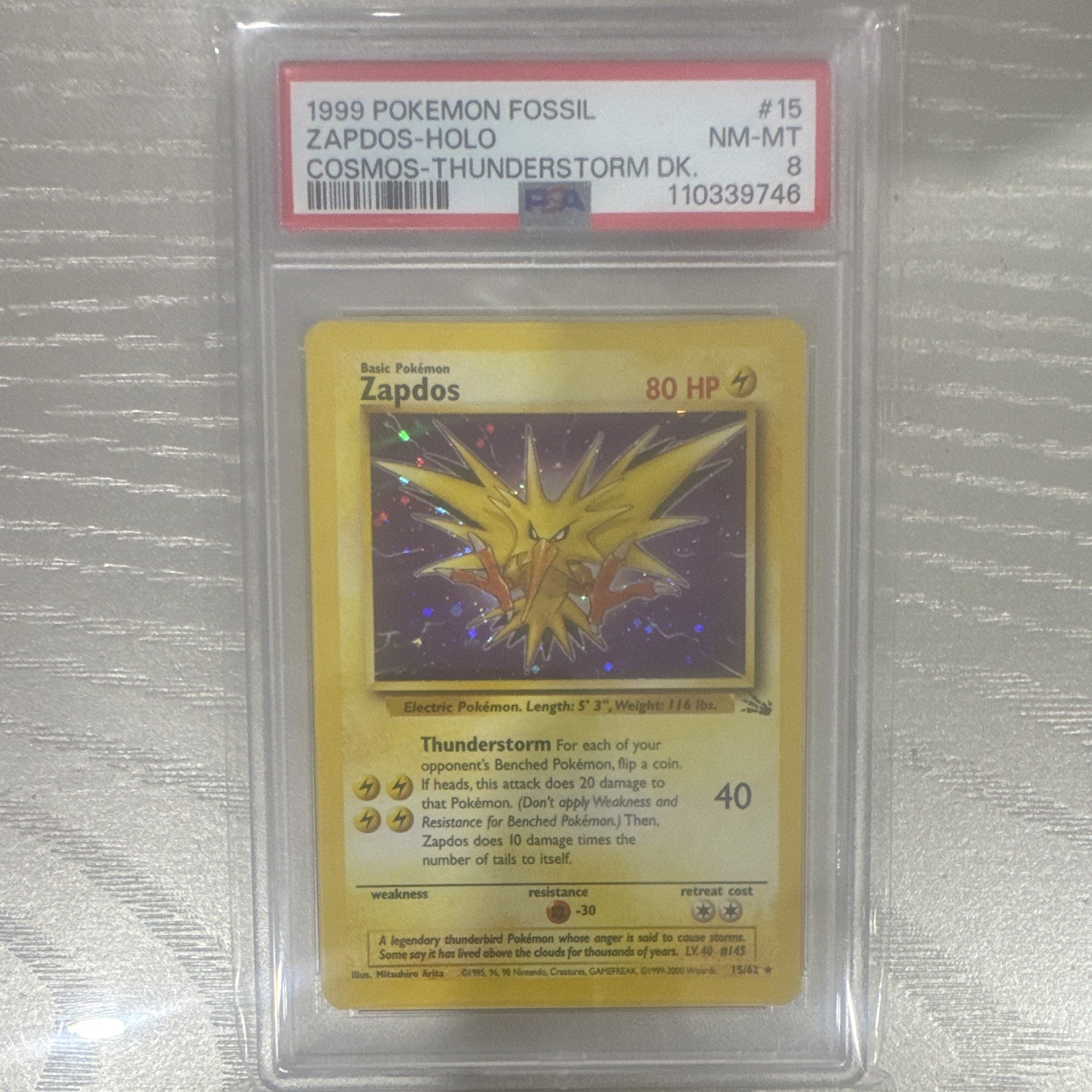 1999 Pokémon Fossil Zapdos #15 Holo PSA 8 LOW POP Graded 110339746 English
