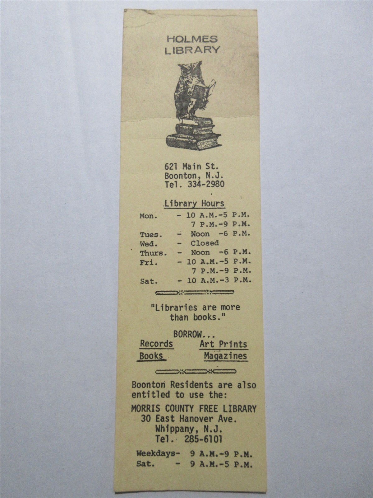 vintage Holmes Library Boonton New Jersey bookmark with Library Hours 