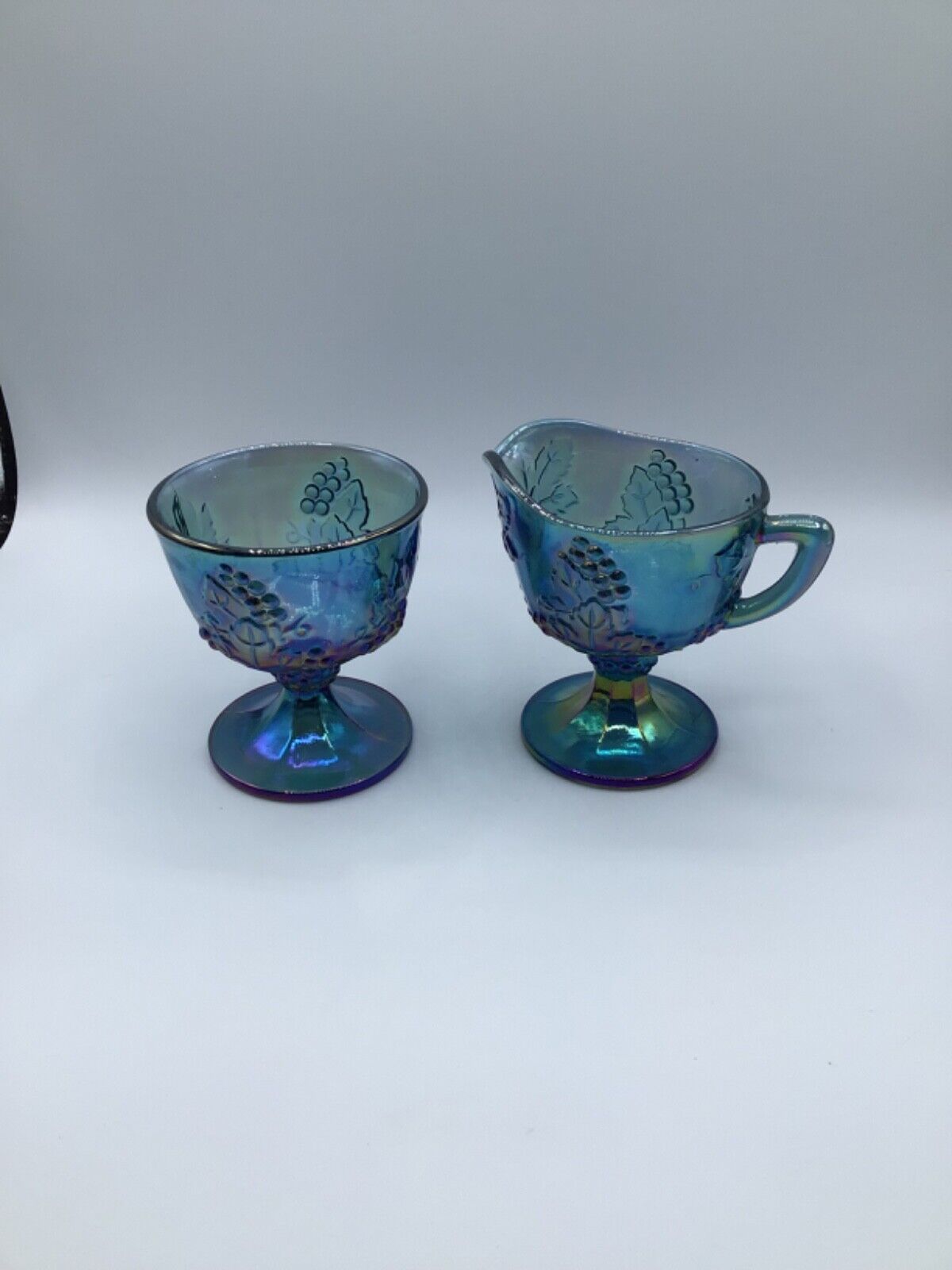 Vintage Indiana Blue Carnival Glass Cream & Sugar Set Colony Harvest Pattern