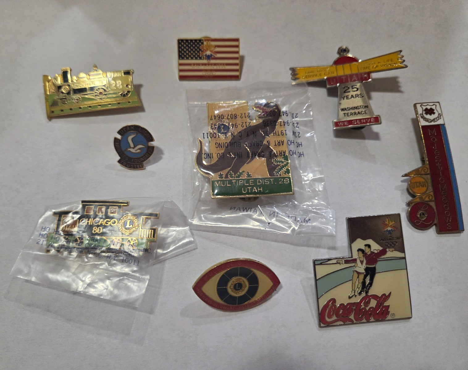 Lot 9 Vintage Lions Club Pins Utah Multiple Dist 28 Dinosaur Chicago 80 Train