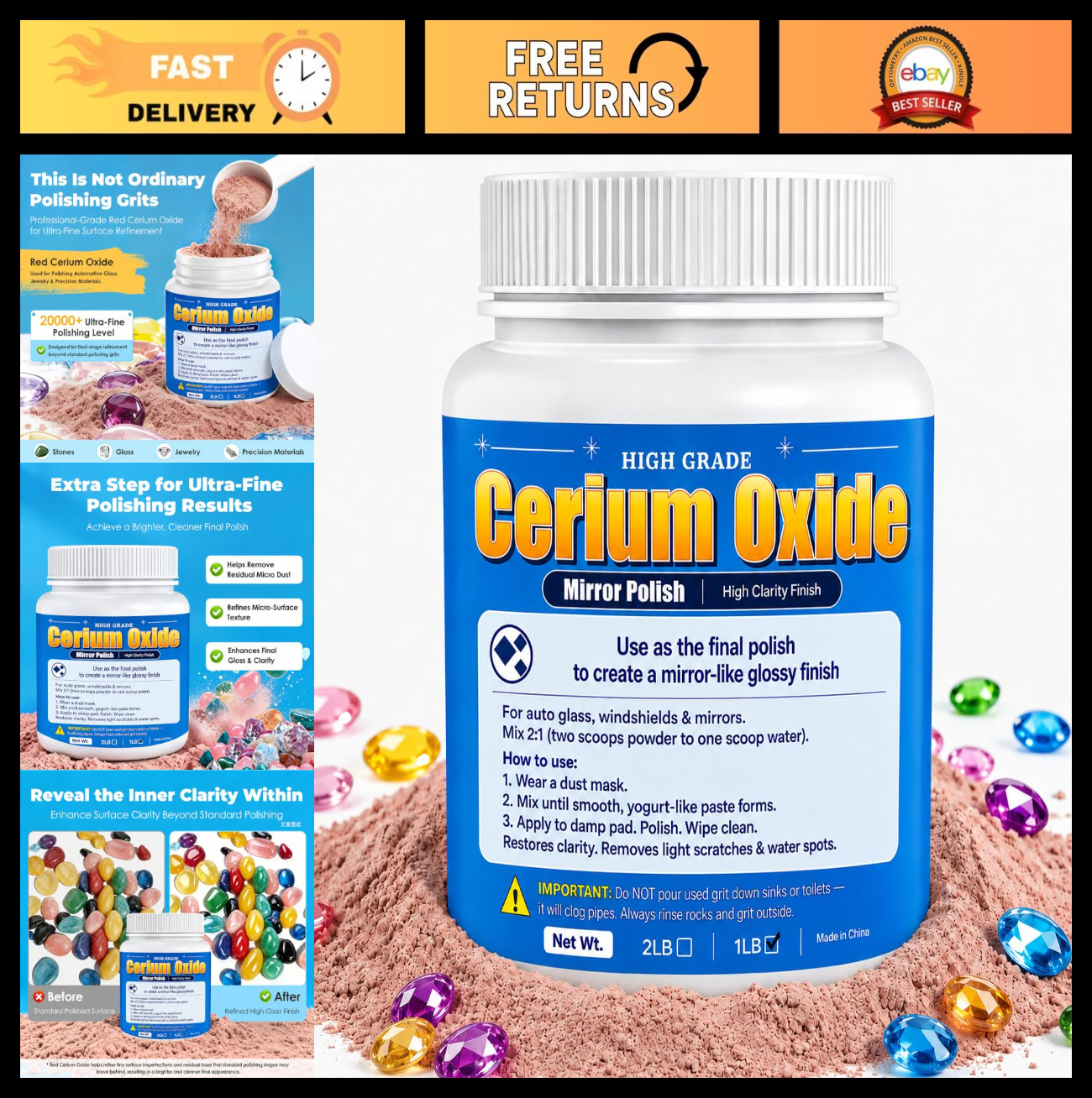 Ultra-Fine Red Cerium Oxide Polish for Rock Tumbling - Final Polishing Grit 1 lb