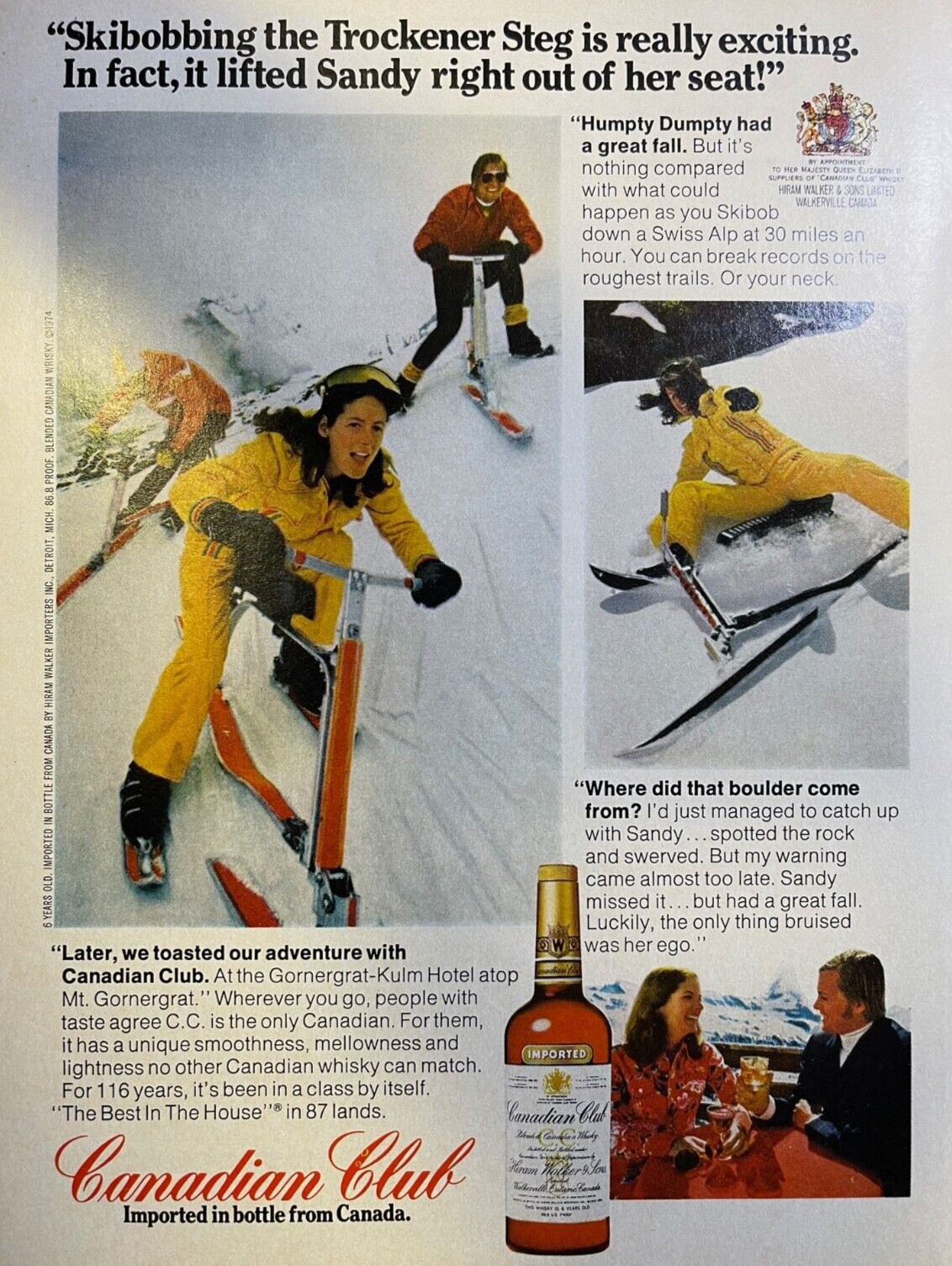 1975 Vintage Magazine Advertisement Canadian Club Whiskey Skibobbing 1975 Vintage Magazine Advertisement Canadian Club Whiskey Skibobbing