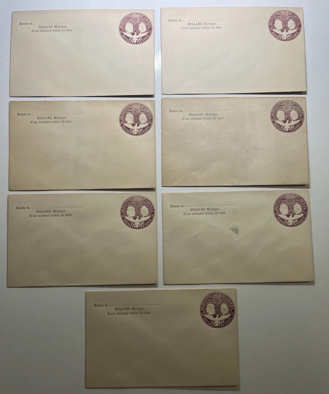 7 Matching 1892 Columbian World Fair .02 Postage Stamp Covers Envelope Unused US