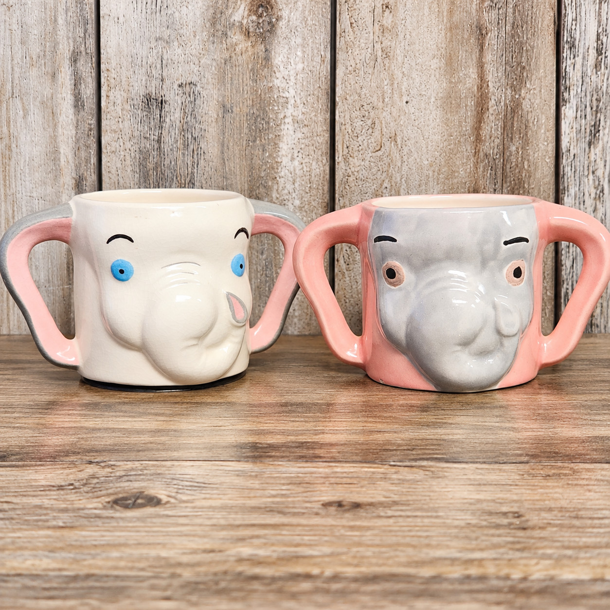 Vintage Handmade Ceramic 60's Elephant Mugs Double Handled Signed Glazed 1961 Vintage Handmade Ceramic 60's Elephant Mugs Double Handled Signed Glazed 1961