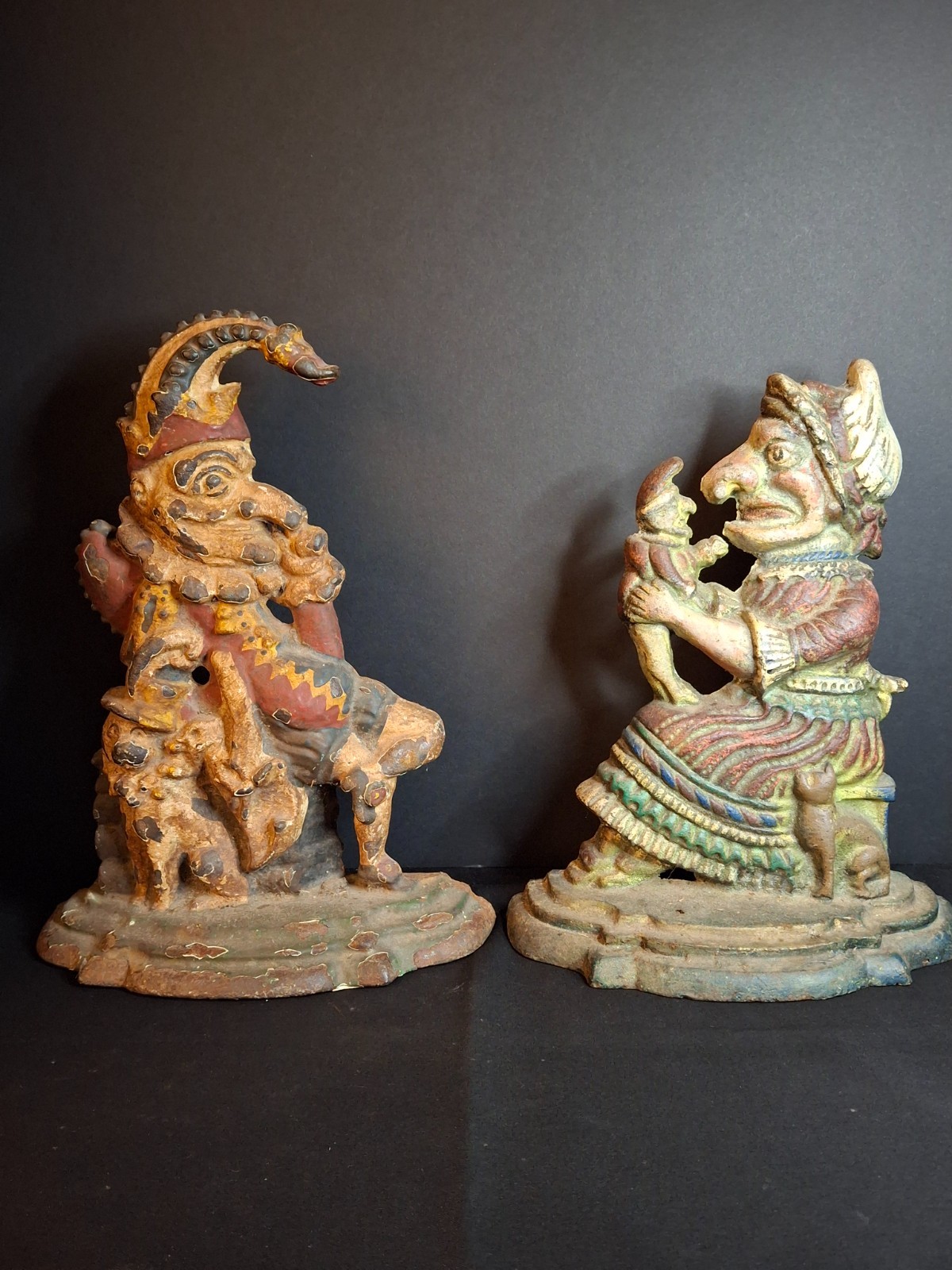 Pair Of Antique Cast Iron Punch & Judy Figural Doorstops – Circa 1920s