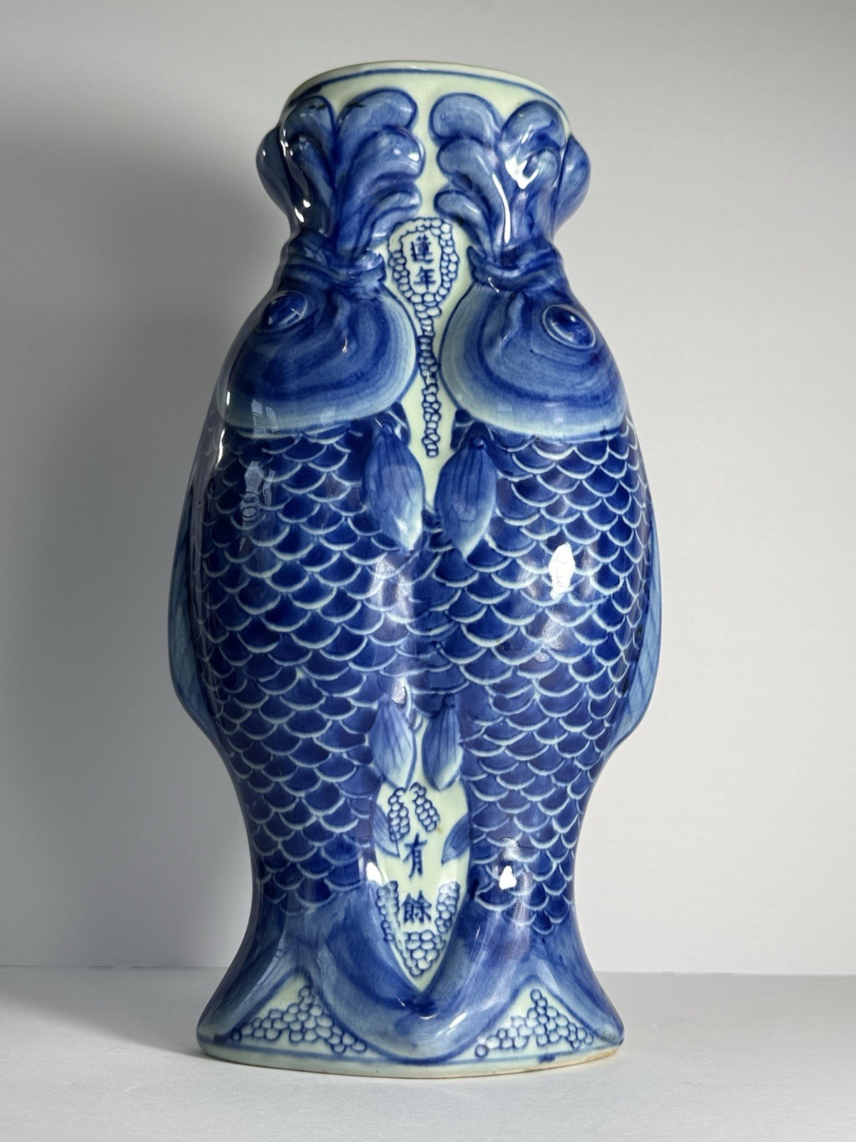 Vintage Double Koi Fish Vase Blue White Chinese Ceramic Figural Vase 14”