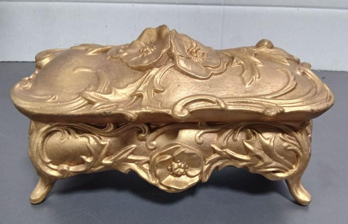 Antique Art Nouveau Jewelry Casket Box Poppy Flower N.B. Rogers Gold Tone Antique Art Nouveau Jewelry Casket Box Poppy Flower N.B. Rogers Gold Tone