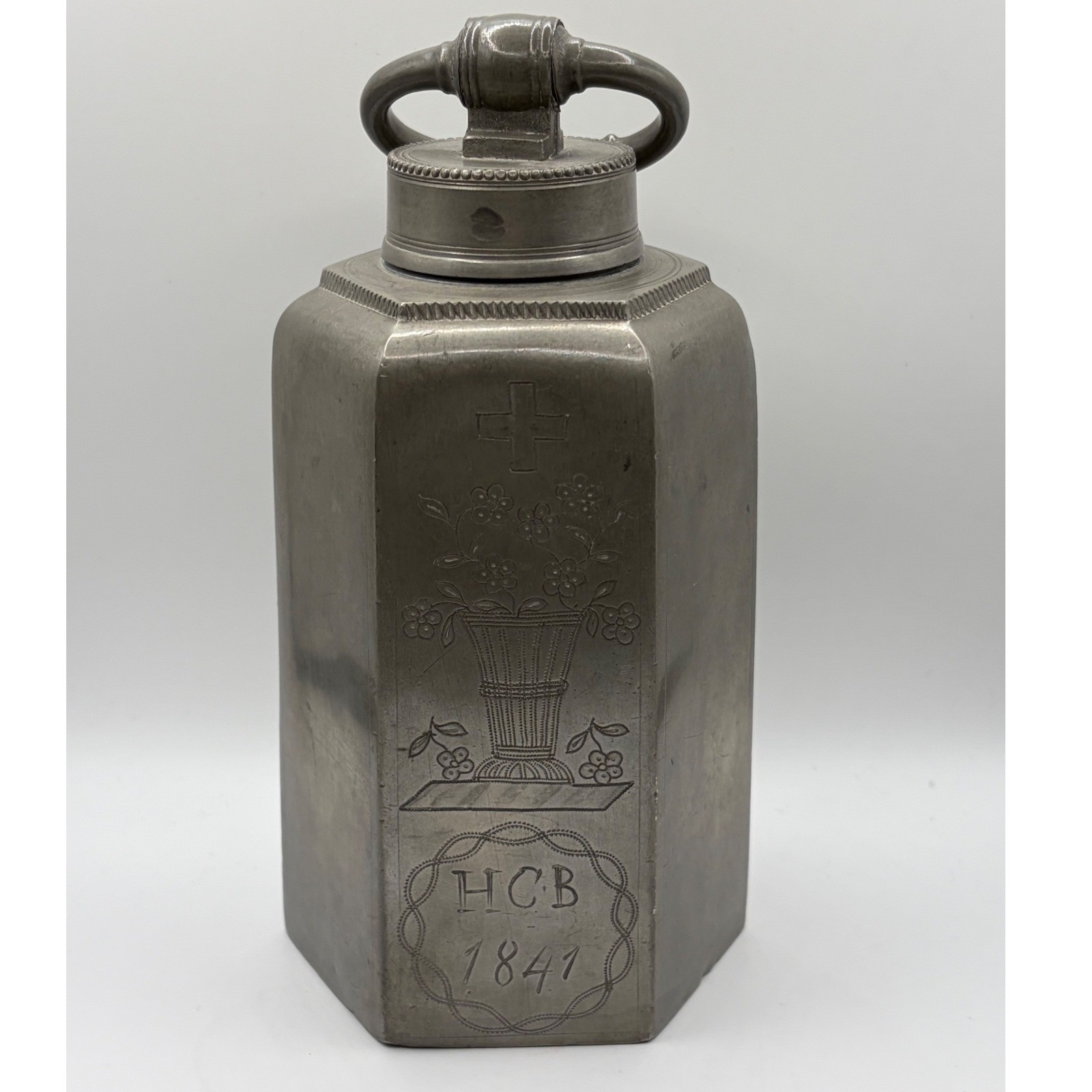 Antique 1841 Engraved Pewter Hexagonal Flask Canister HCB Floral Cross 19th C Antique 1841 Engraved Pewter Hexagonal Flask Canister HCB Floral Cross 19th C