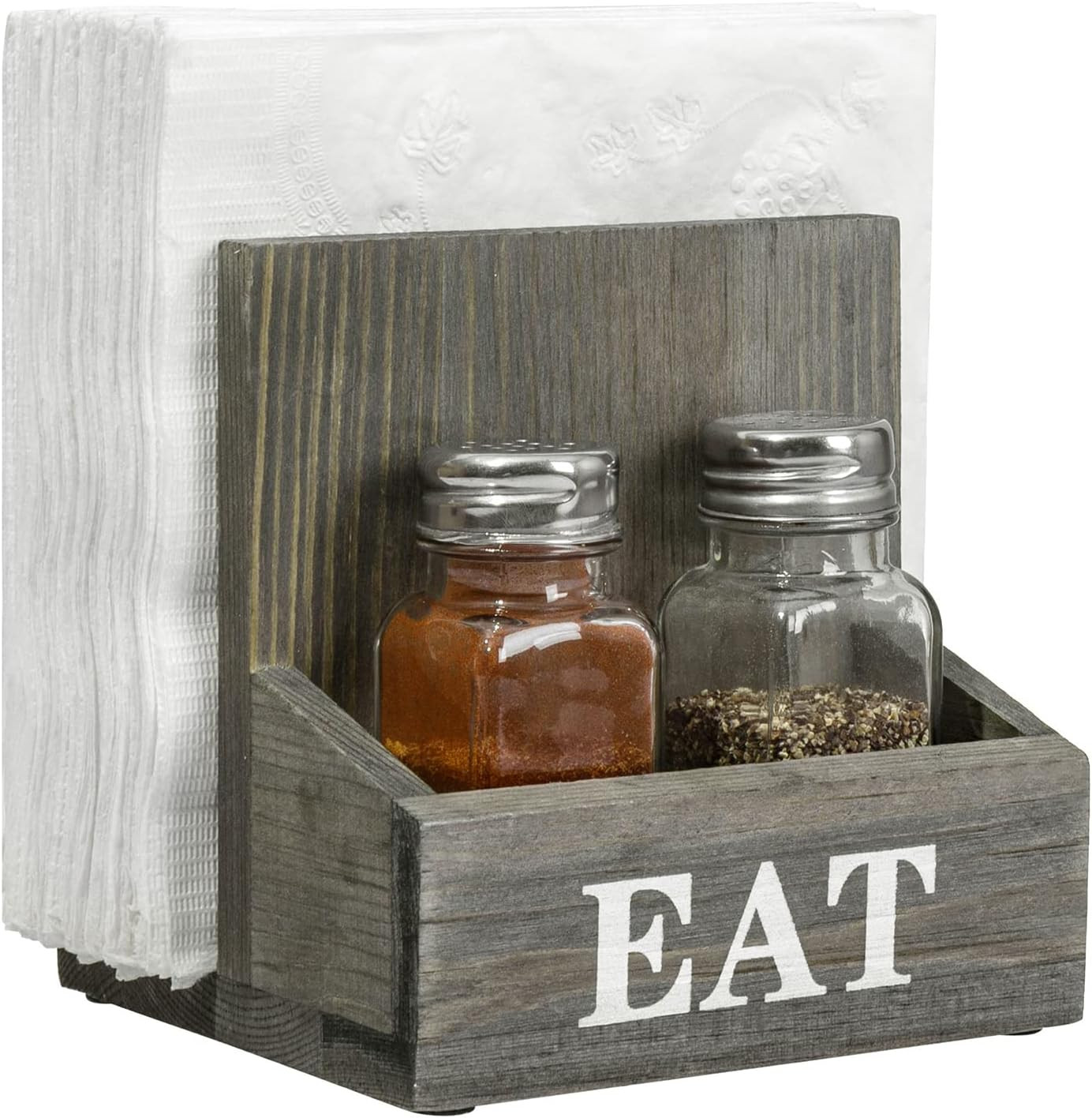 Mygift Vintage Gray Wood Napkin Holder Salt Pepper Caddy White EAT Label