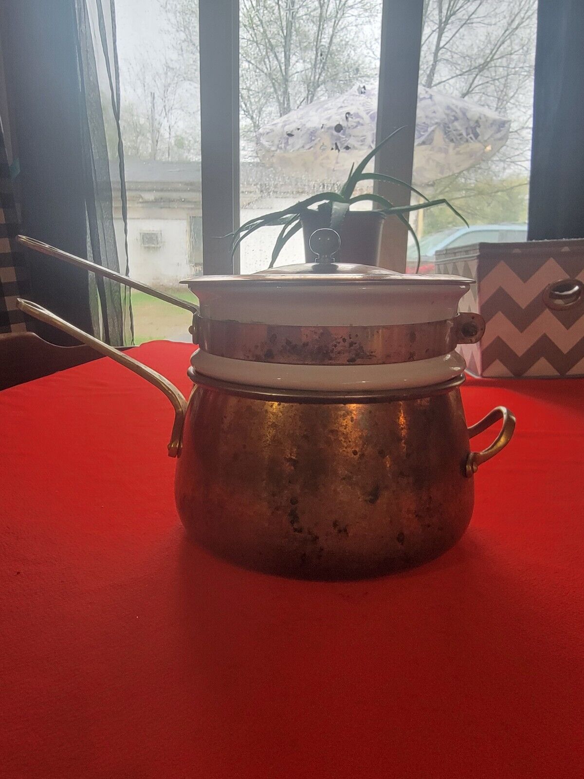 VINTAGE COPPER AND PORCELAIN DOUBLE BOILER With Lid