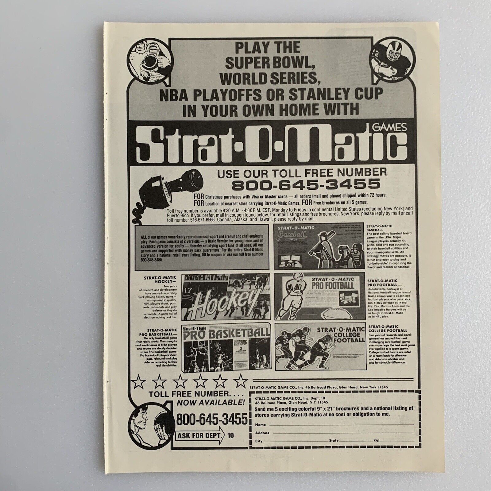 1985 Strat O Matic Game Print Ad Baseball Basketball Football Hockey Original