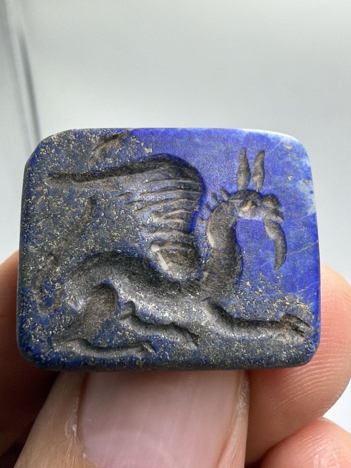 Roman Ancient Lapis Lazuli Winged Animal Carved Amulet Stamp Mythical Creature Roman Ancient Lapis Lazuli Winged Animal Carved Amulet Stamp Mythical Creature