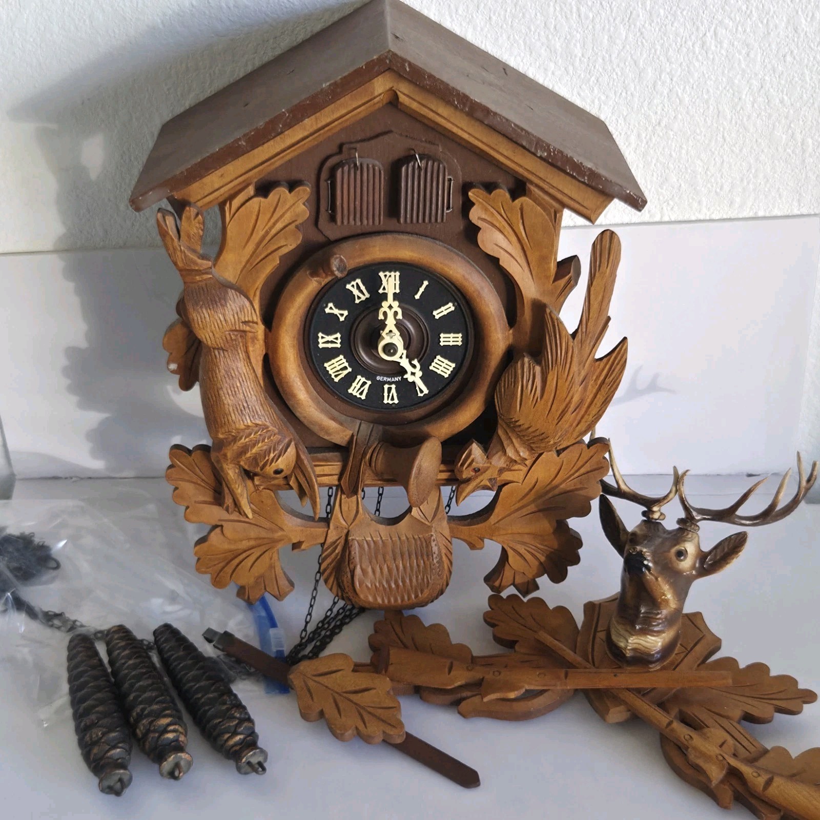 Vintage German Cuckoo Clock Stag Deer Rabbit Hare Pheasant Bird FOR PARTS/REPAIR