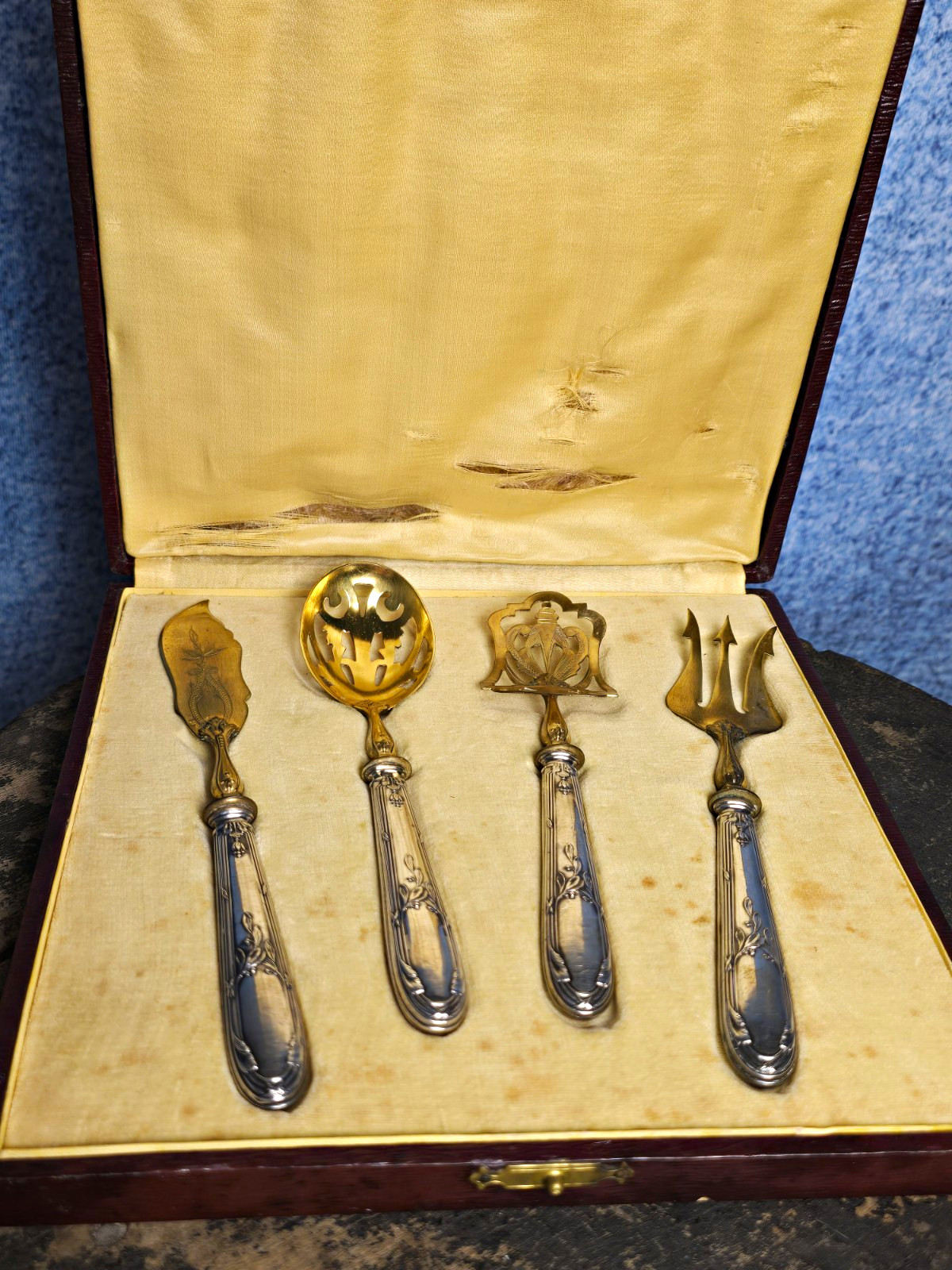Antique French Silver Gilt Hors d'Oeuvre Serving Set 4 Piece Original Box