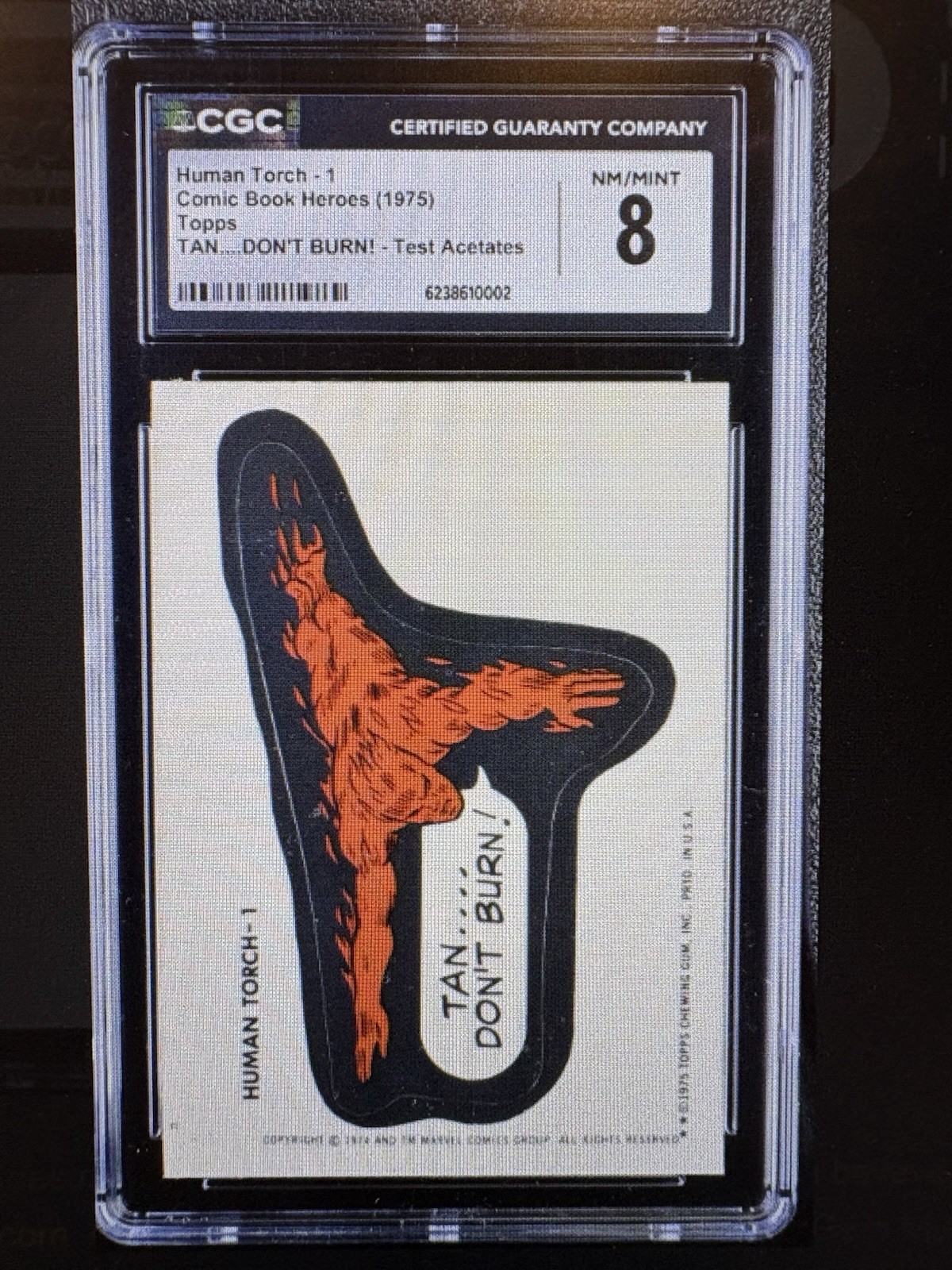1975 Topps Marvel Comic Book Heroes Set Human Torch 1 TEST ACETATES CGC 8 NM/MT 1975 Topps Marvel Comic Book Heroes Set Human Torch 1 TEST ACETATES CGC 8 NM/MT
