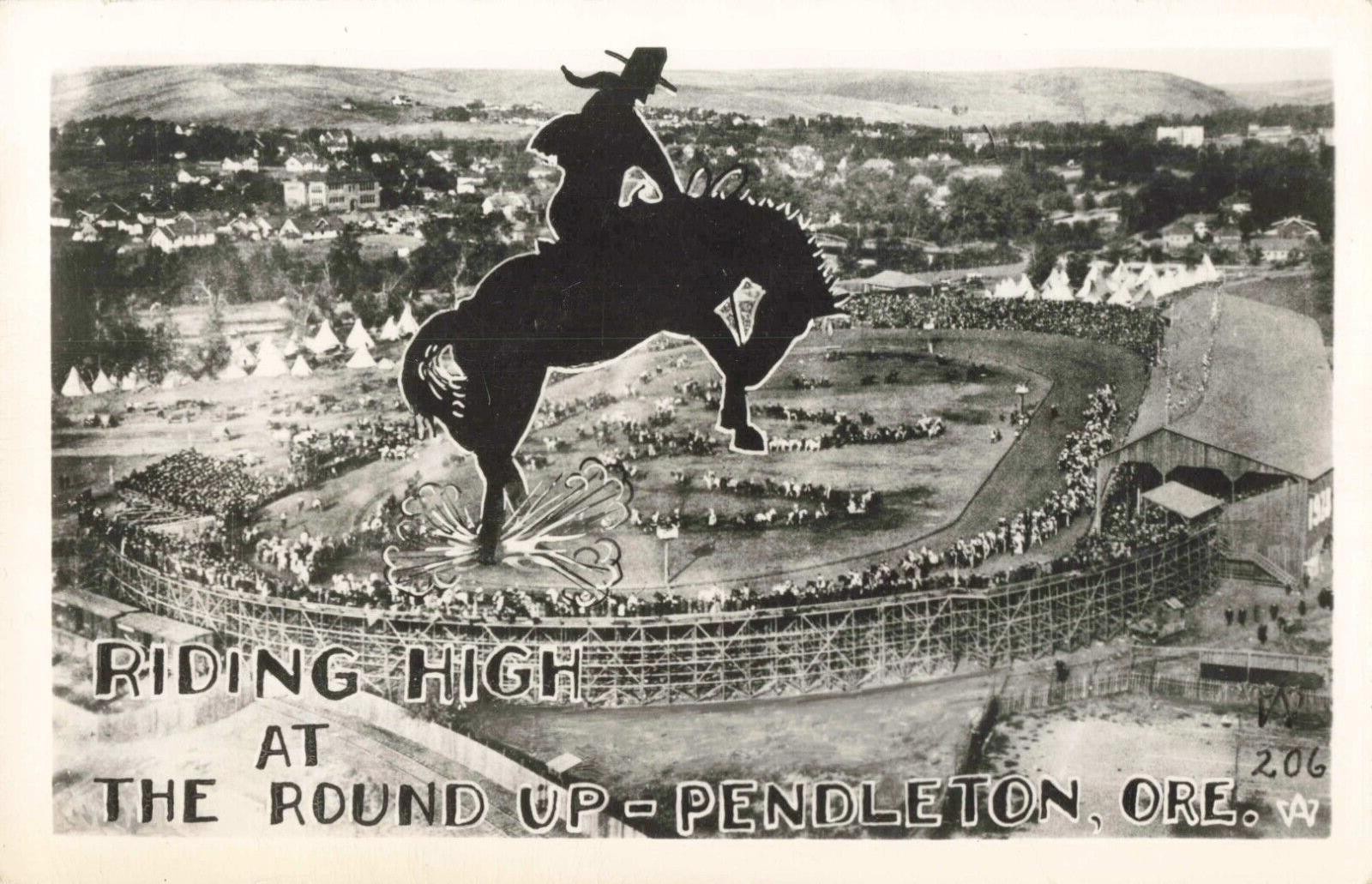 Pendleton OR, Riding High at the Round Up, Vintage RPPC Real Photo Postcard