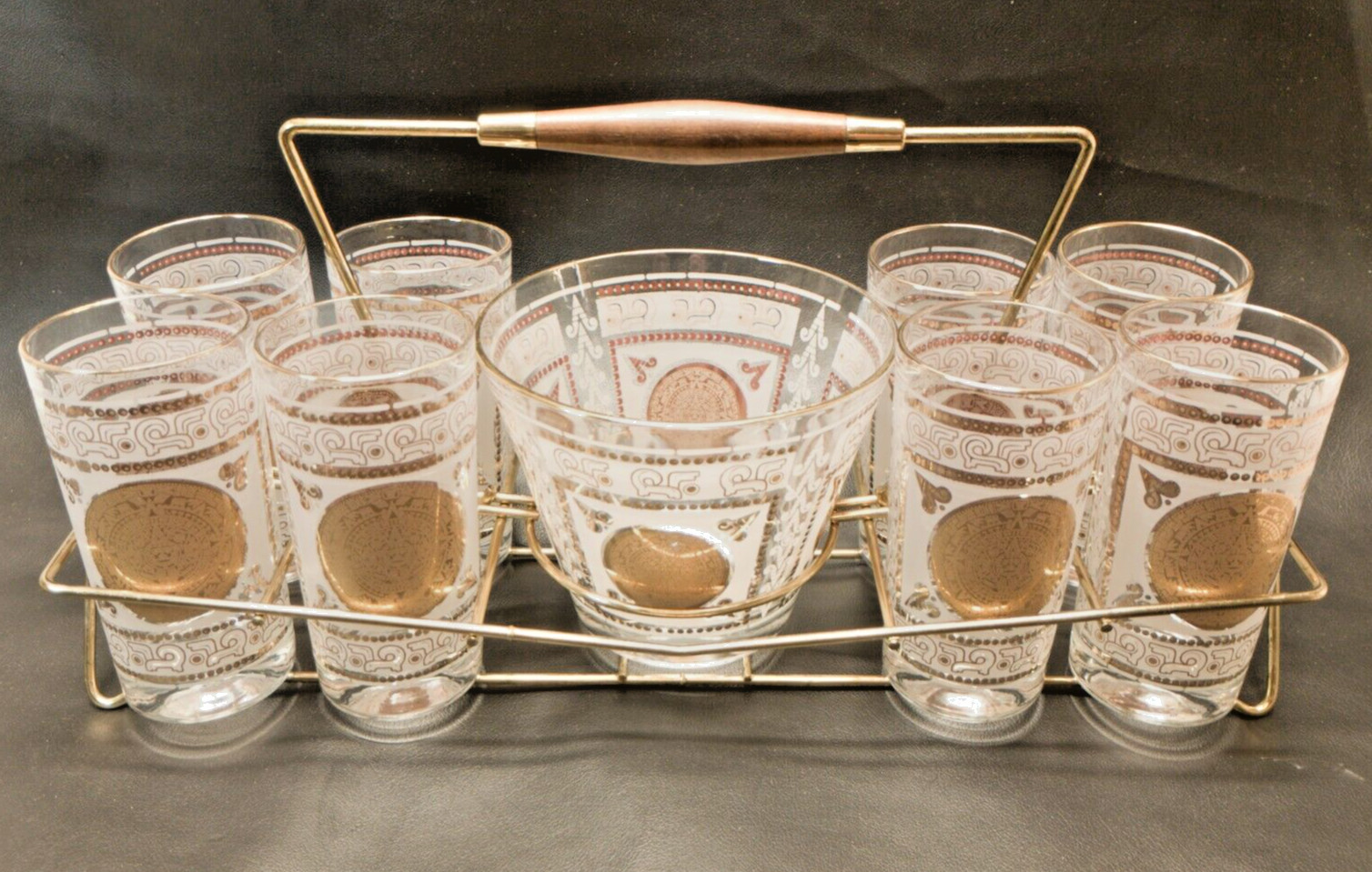 Vtg MCM Hazel Atlas Aztec Gold 10 Pc Barware Set with 8 Highball Glasses & Ice B Vtg MCM Hazel Atlas Aztec Gold 10 Pc Barware Set with 8 Highball Glasses & Ice B