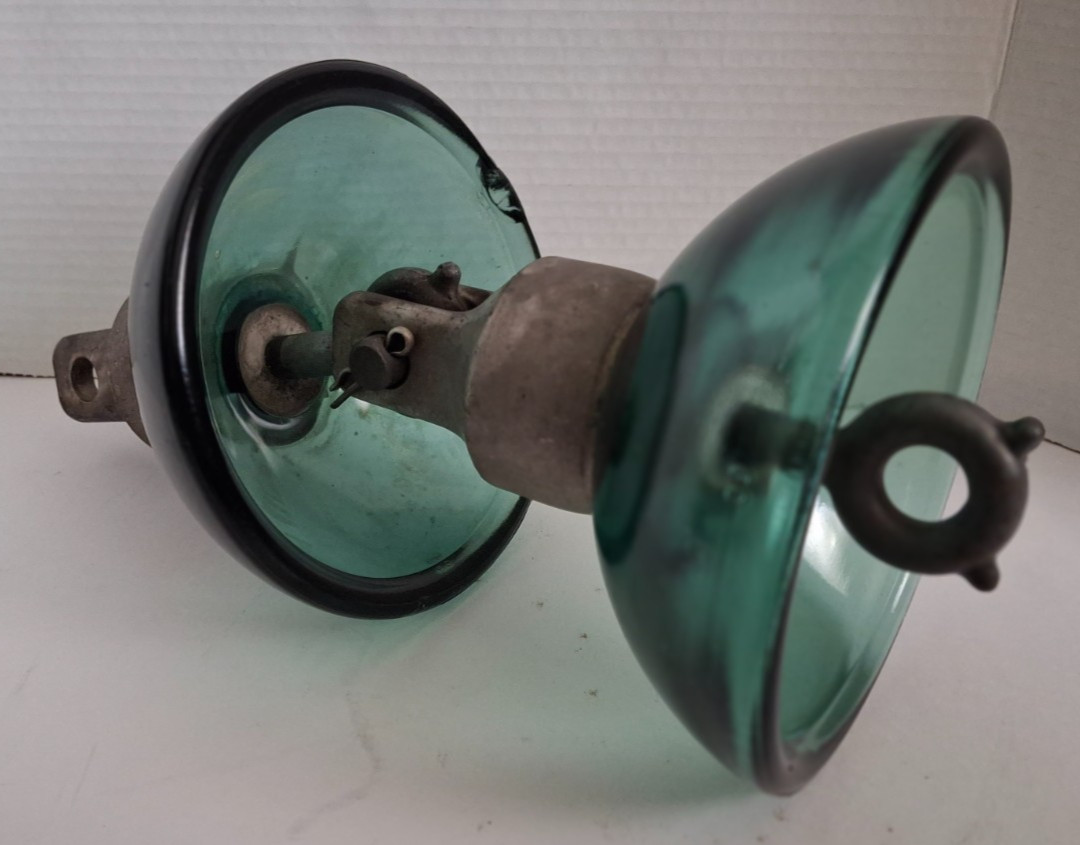 Vtg heavy-duty Glass Suspension Insulators (dbl) w/original metal clevis hdwr. Vtg heavy-duty Glass Suspension Insulators (dbl) w/original metal clevis hdwr.