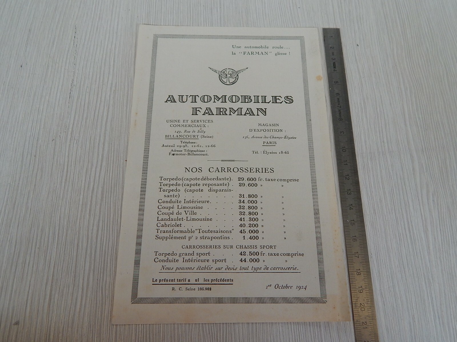RIF1 RARE Original 1924 Farman Car Single Page Brochure Leaflet RIF1 RARE Original 1924 Farman Car Single Page Brochure Leaflet