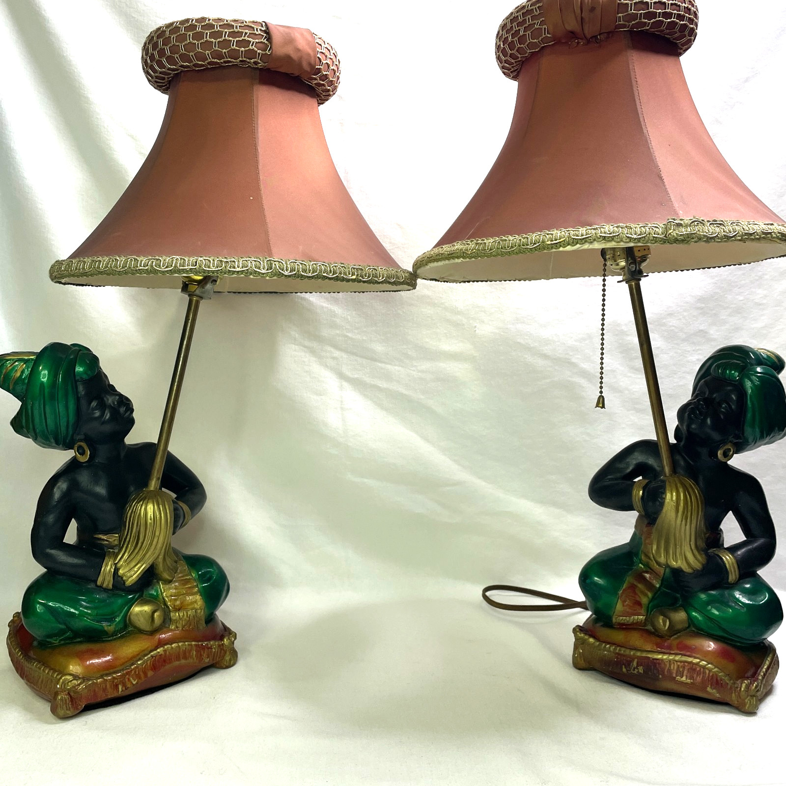 VTG MCM Blackamoor Genie Chalkware Lamps Pair w/ Shades Hollywood Regency