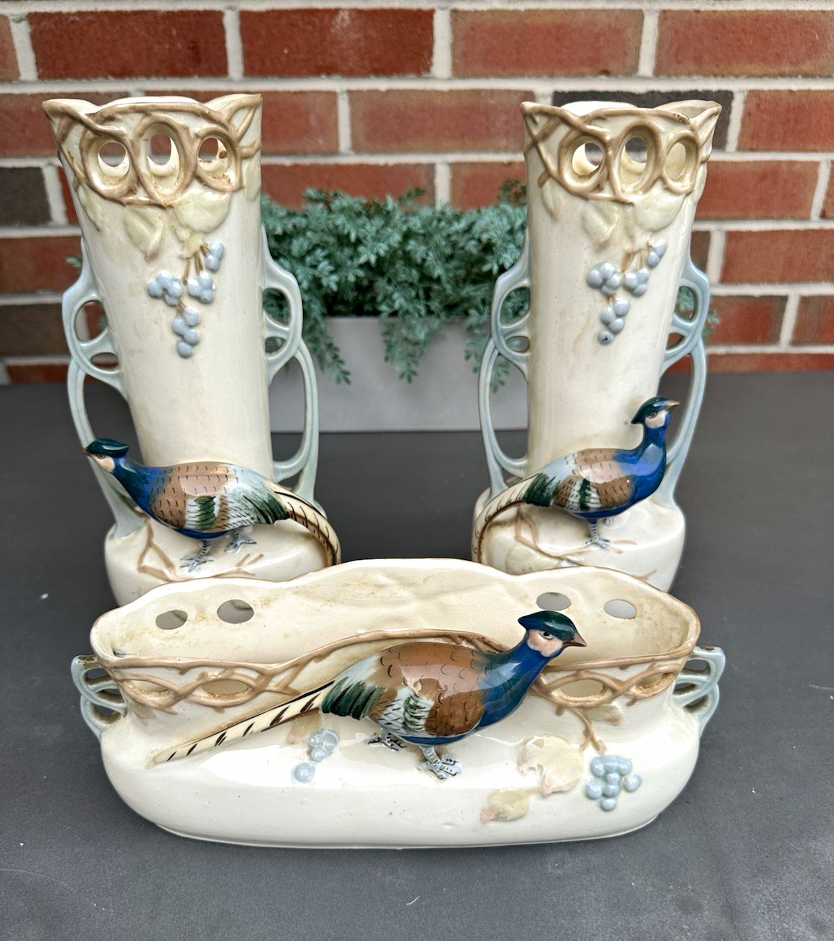 Vintage set of 3 Art Nouveau ceramic or porcelain pheasant bird vases & mail Vintage set of 3 Art Nouveau ceramic or porcelain pheasant bird vases & mail