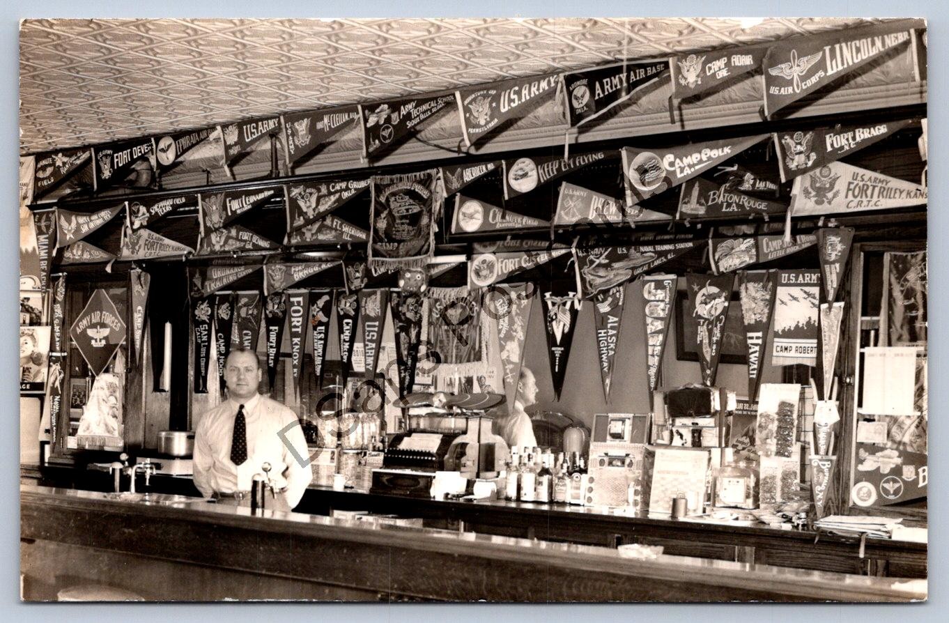 K65/ Interesting RPPC Postcard c1940 Interior Military Bar Tavern Pennants 383 K65/ Interesting RPPC Postcard c1940 Interior Military Bar Tavern Pennants 383