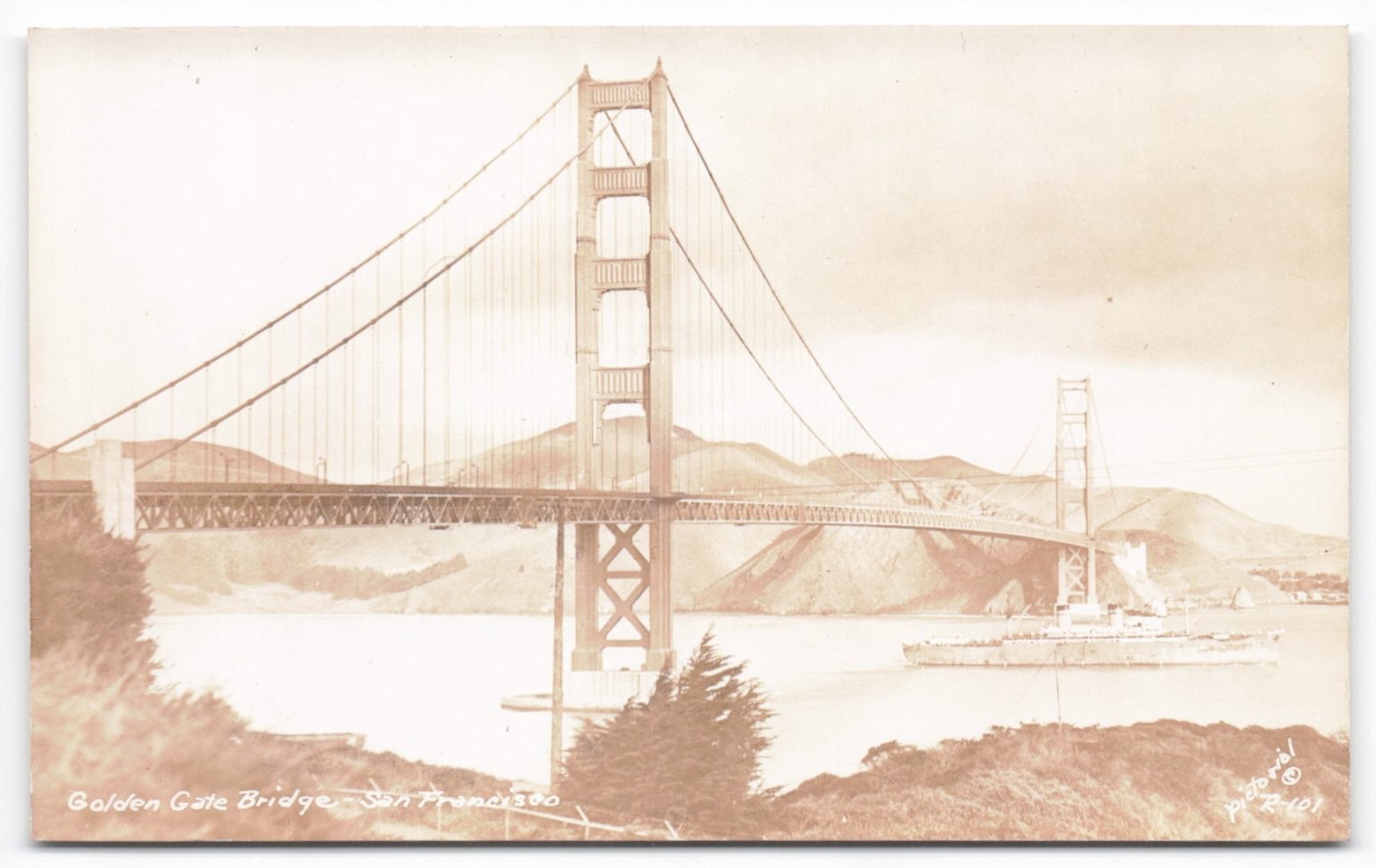 Vintage Golden Gate Bridge San Francisco Sepia RPPC Postcard Naval Battleship