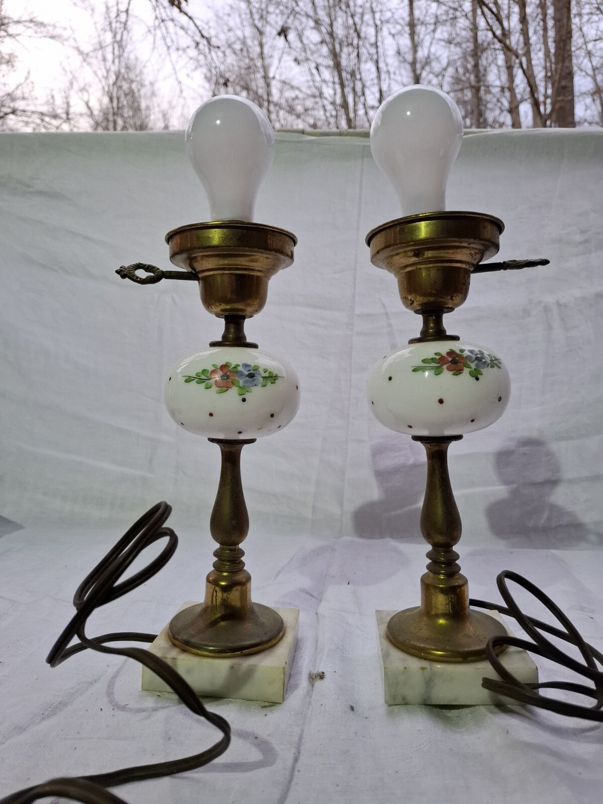 Pair Vintage 1950s Handpainted Milk Glass Lamps Marble Base Pair Vintage 1950s Handpainted Milk Glass Lamps Marble Base