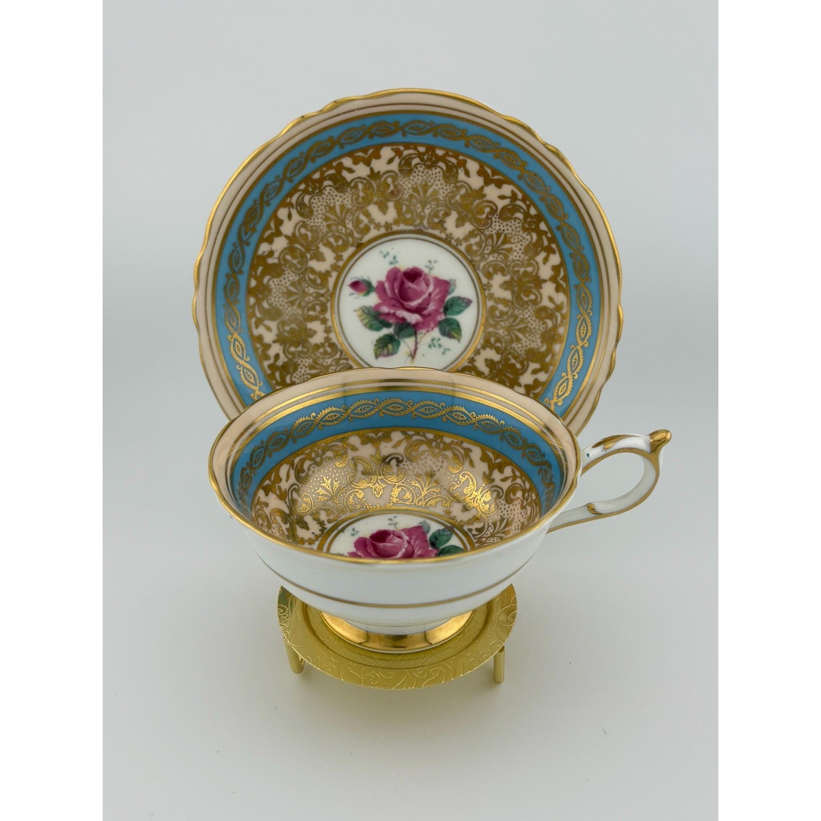 Paragon Teacup Saucer Pink Rose Turquoise & Gold Gilt c. 1939 Double Warranted