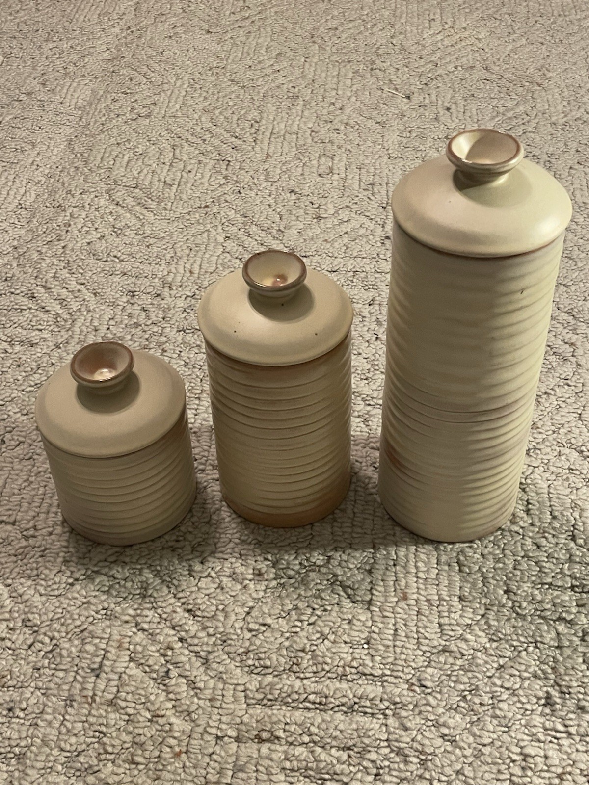 Frankoma Cream Beige Brown Ribbed Canister Set of Three 72 172 272 Frankoma Cream Beige Brown Ribbed Canister Set of Three 72 172 272