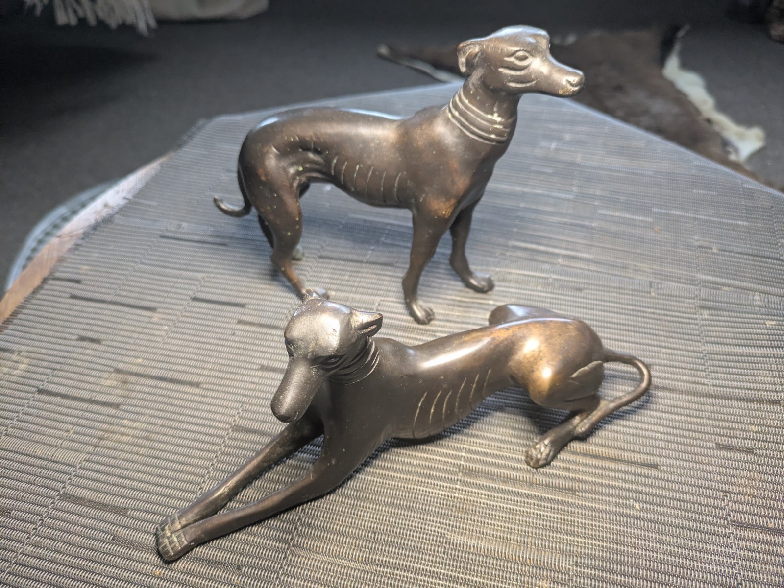 Vintage Pair Solid Brass Greyhound Whippet Sculptures Figures Standing Reclining Vintage Pair Solid Brass Greyhound Whippet Sculptures Figures Standing Reclining