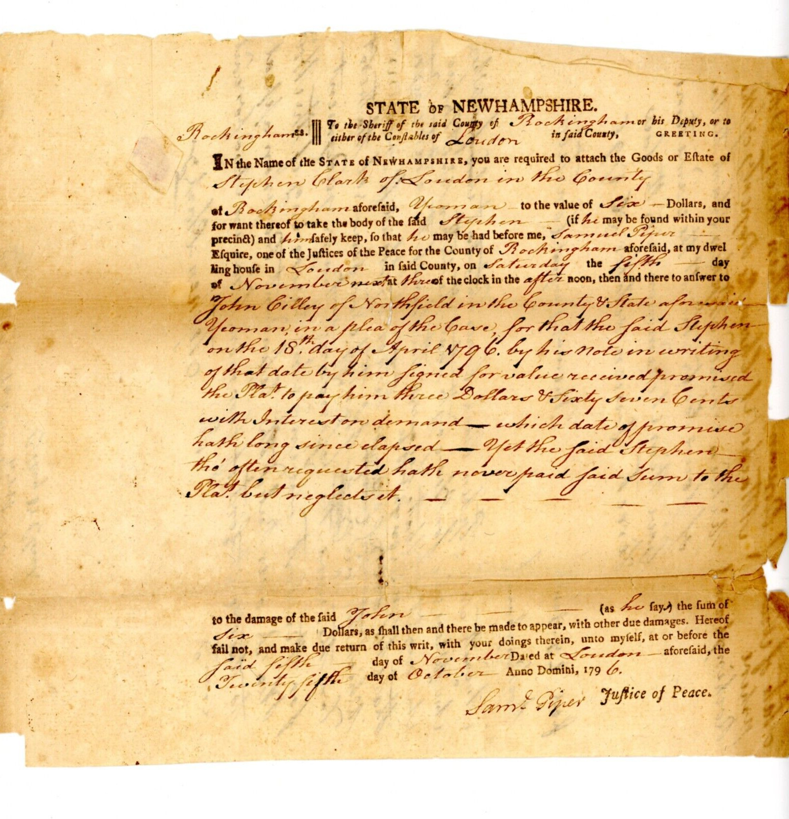 1796 Handwritten Doc Rockingham Loudon NH Stephen Clark Thomas Sargent Constable 1796 Handwritten Doc Rockingham Loudon NH Stephen Clark Thomas Sargent Constable