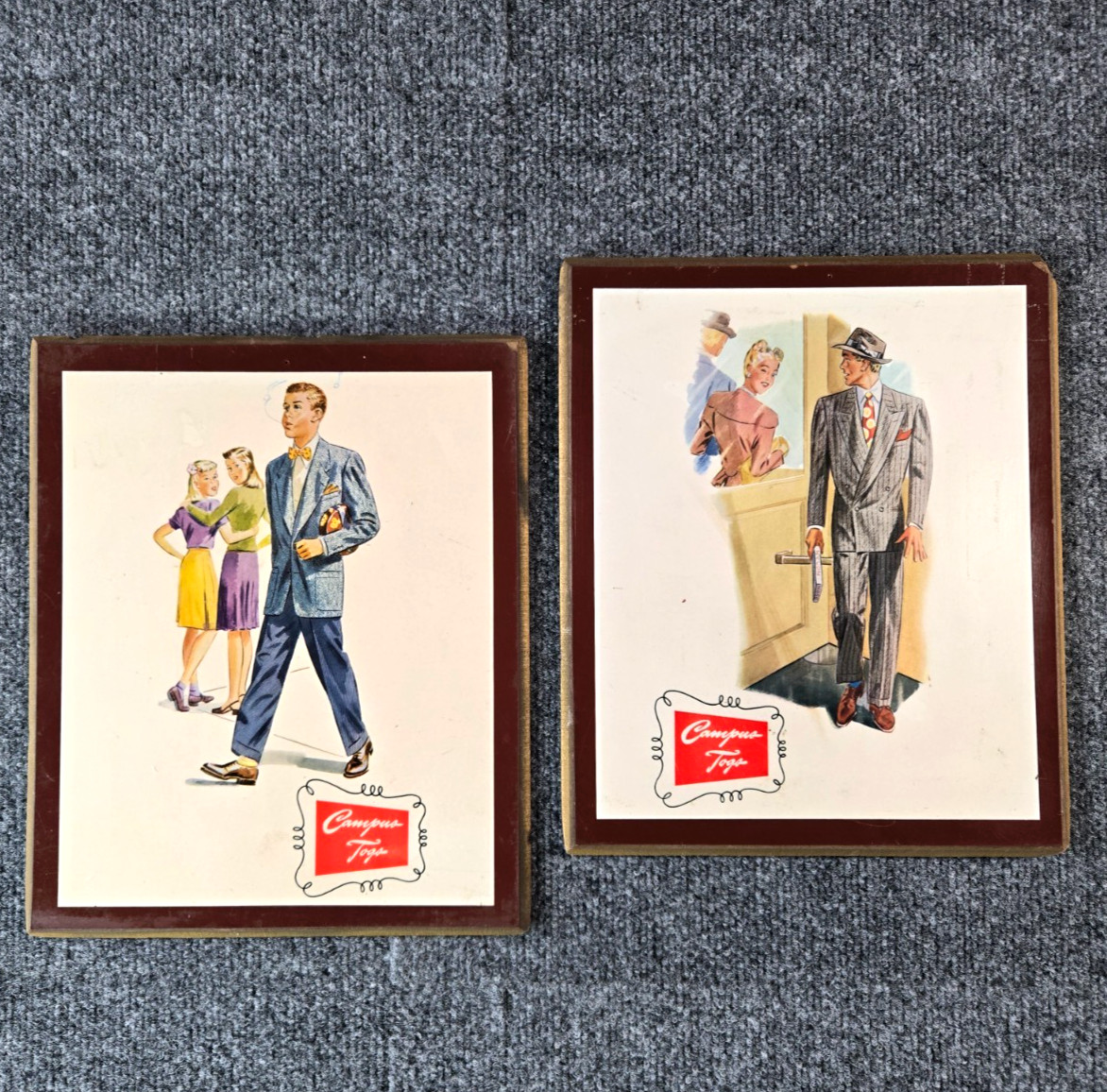 Vintage 1940s Campus Tags Mens Suit Fashion Store Display Sign Wood Plaque 12x10 Vintage 1940s Campus Tags Mens Suit Fashion Store Display Sign Wood Plaque 12x10