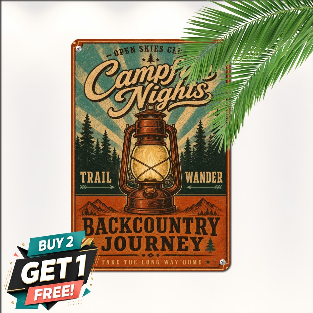 vintage camping adventure poster central lantern illustration sunburst