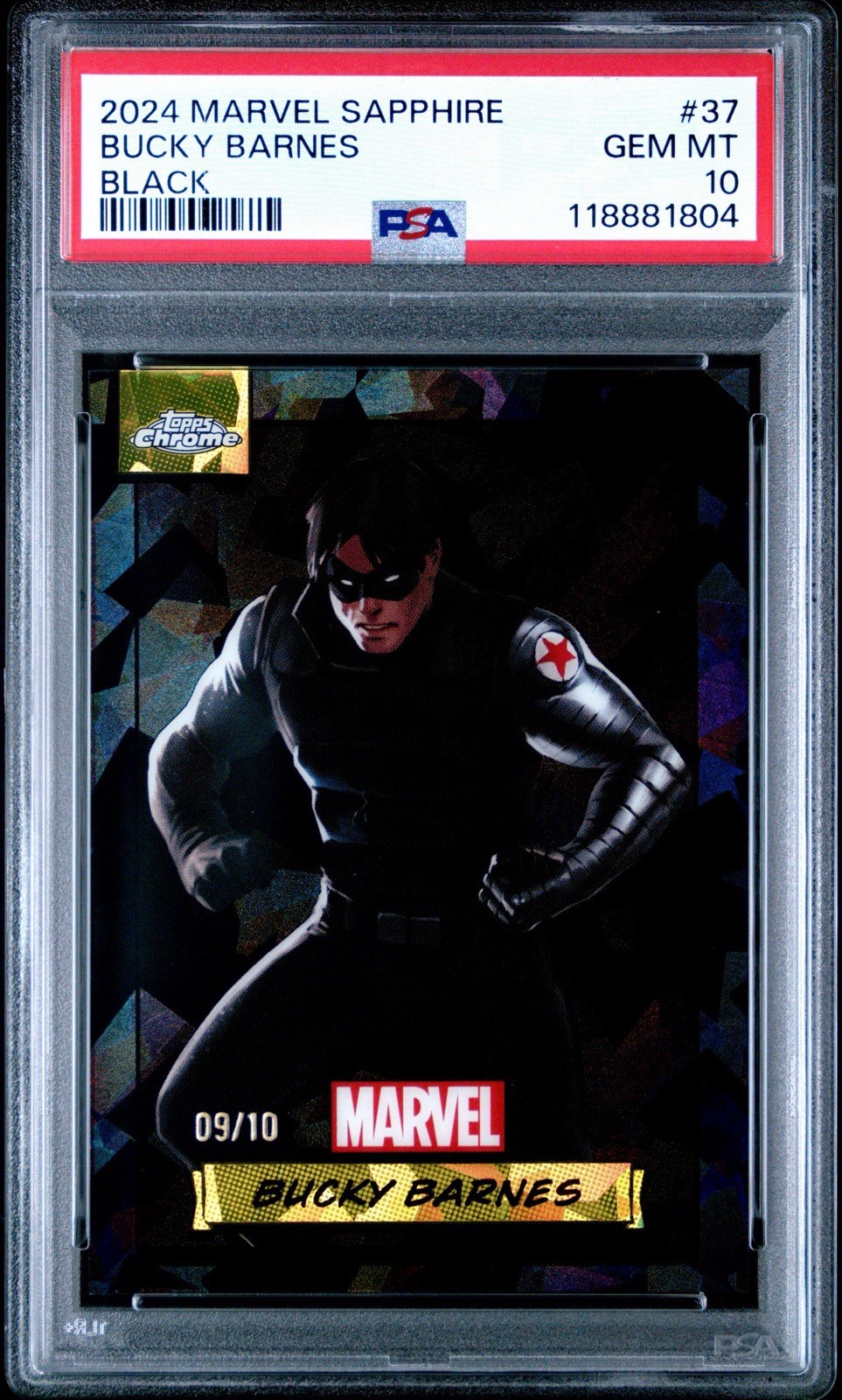 2024 Topps Chrome Marvel Sapphire Bucky Barnes Black Refractor 09/10 PSA 10 Gem 2024 Topps Chrome Marvel Sapphire Bucky Barnes Black Refractor 09/10 PSA 10 Gem