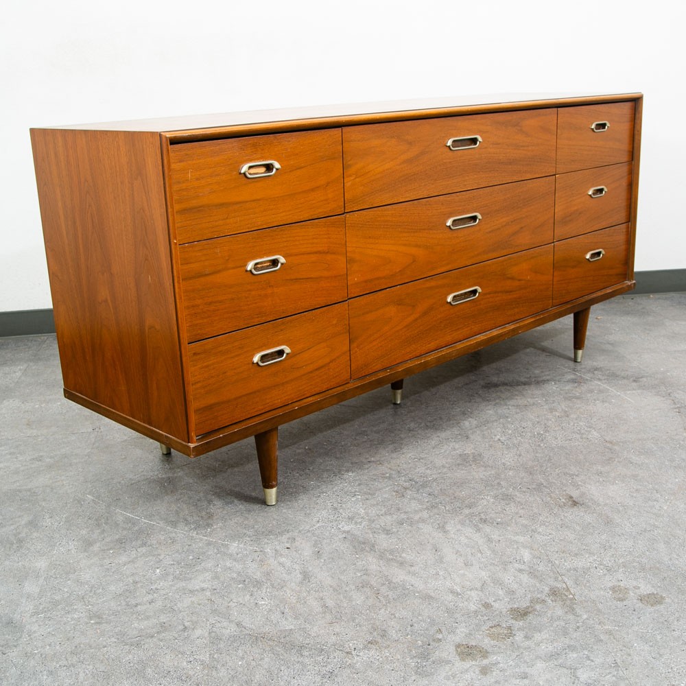 Mid Century Modern Dresser Credenza BP John Metal 9 Drawer Walnut Vintage Mcm NM Mid Century Modern Dresser Credenza BP John Metal 9 Drawer Walnut Vintage Mcm NM