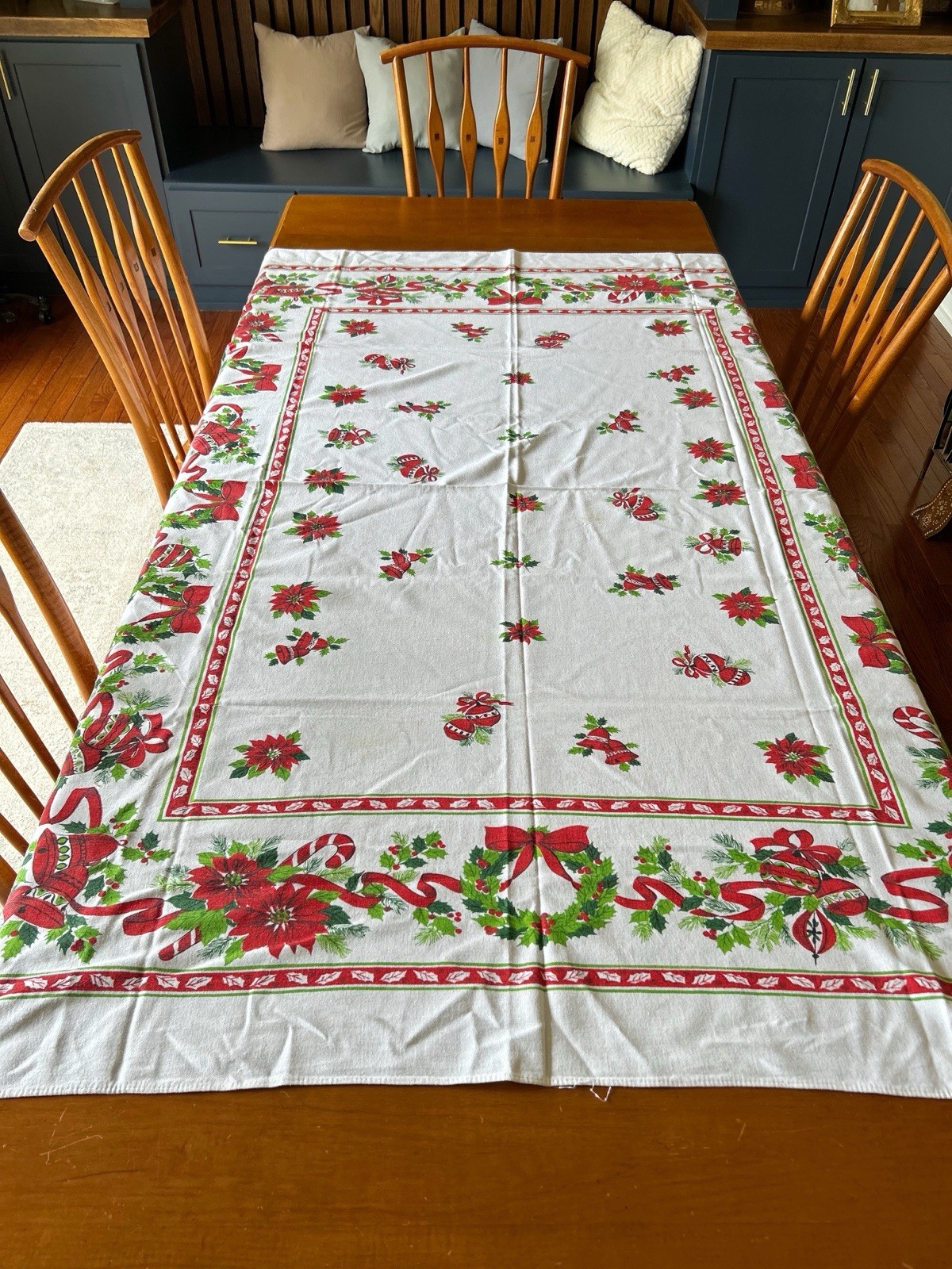 Vintage Mid Century Tablecloth Christmas Retro Holiday Bells Holly 70” X 58” Vintage Mid Century Tablecloth Christmas Retro Holiday Bells Holly 70” X 58”