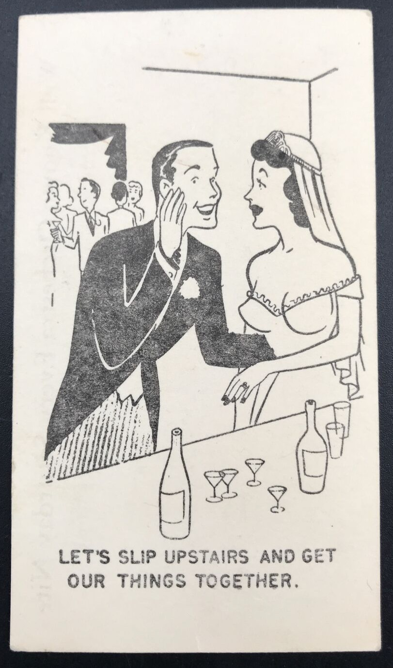 c1940s State Hill Beer Garden PA Wedding Let\'s Slip Upstairs Comic Ad Trade Car