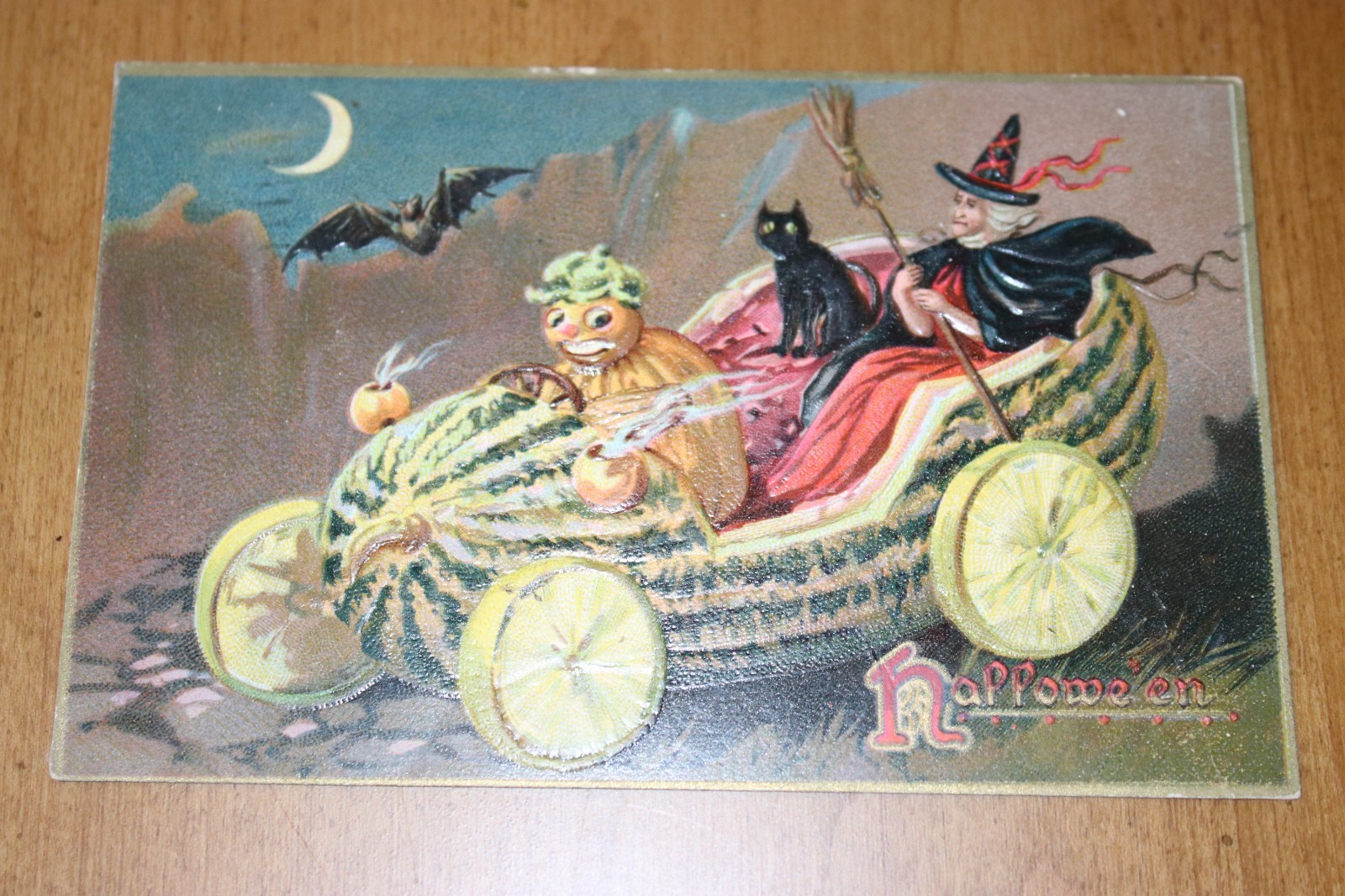 Antique Tuck Embossed Halloween Postcard Gourds, Witch, Black Cat Bat 