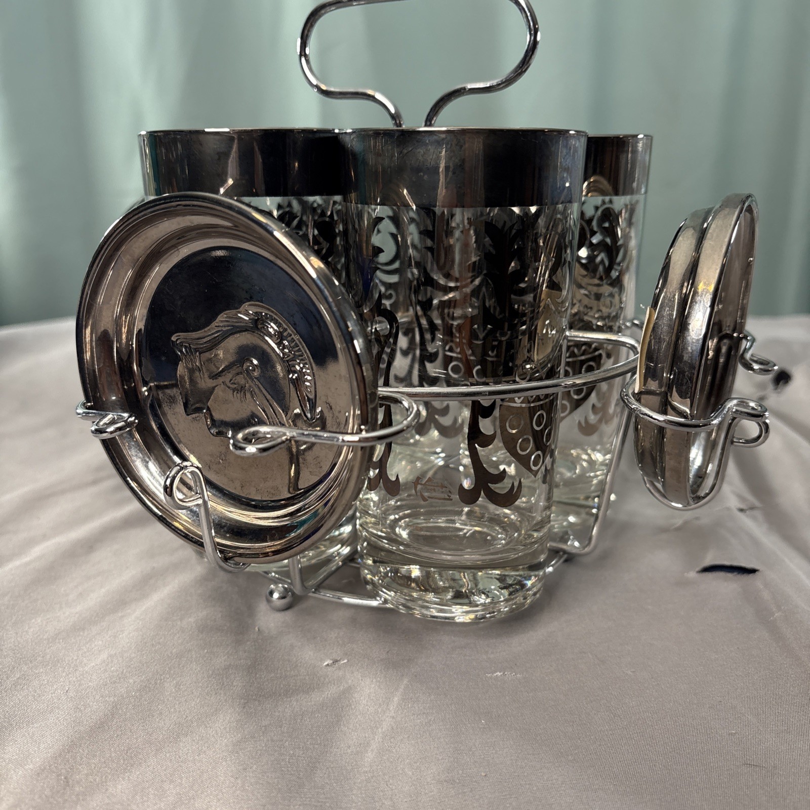 Vintage Kimiko Silver Knight Glasses Drinking Bar Ware Coaster Carrier Set 10 oz