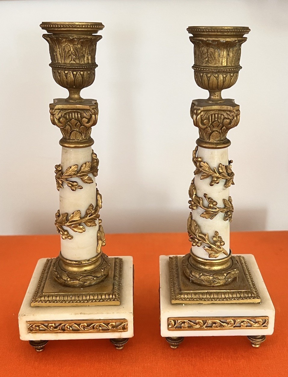 Pair Antique French Empire Gilt Bronze Ormolu Marble Candlesticks Neoclassical
