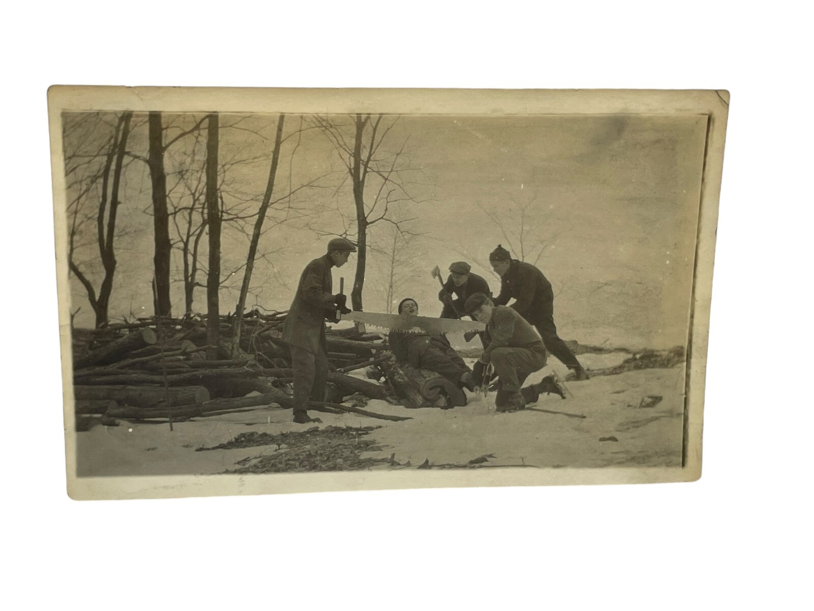 Antique Snapshot Photograph 1920s Young Men Hand Saw Axe Group Prank Photo Antique Snapshot Photograph 1920s Young Men Hand Saw Axe Group Prank Photo