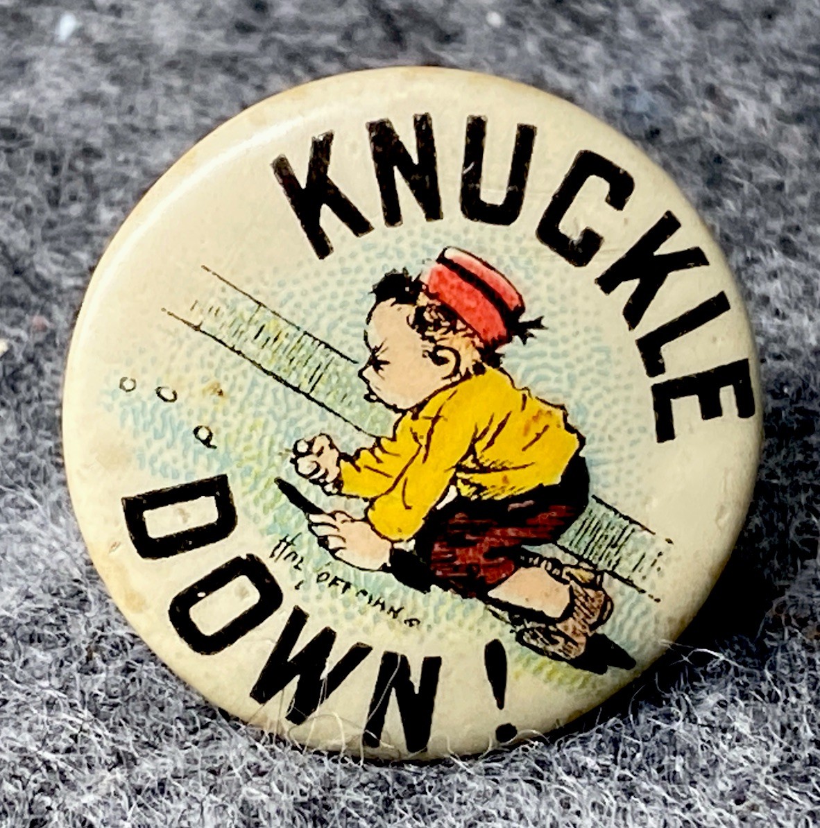 😎1910 Hassan Cigarettes Pinback “Knuckle Down” A Boy Playing Marbles Rare Find 😎1910 Hassan Cigarettes Pinback “Knuckle Down” A Boy Playing Marbles Rare Find
