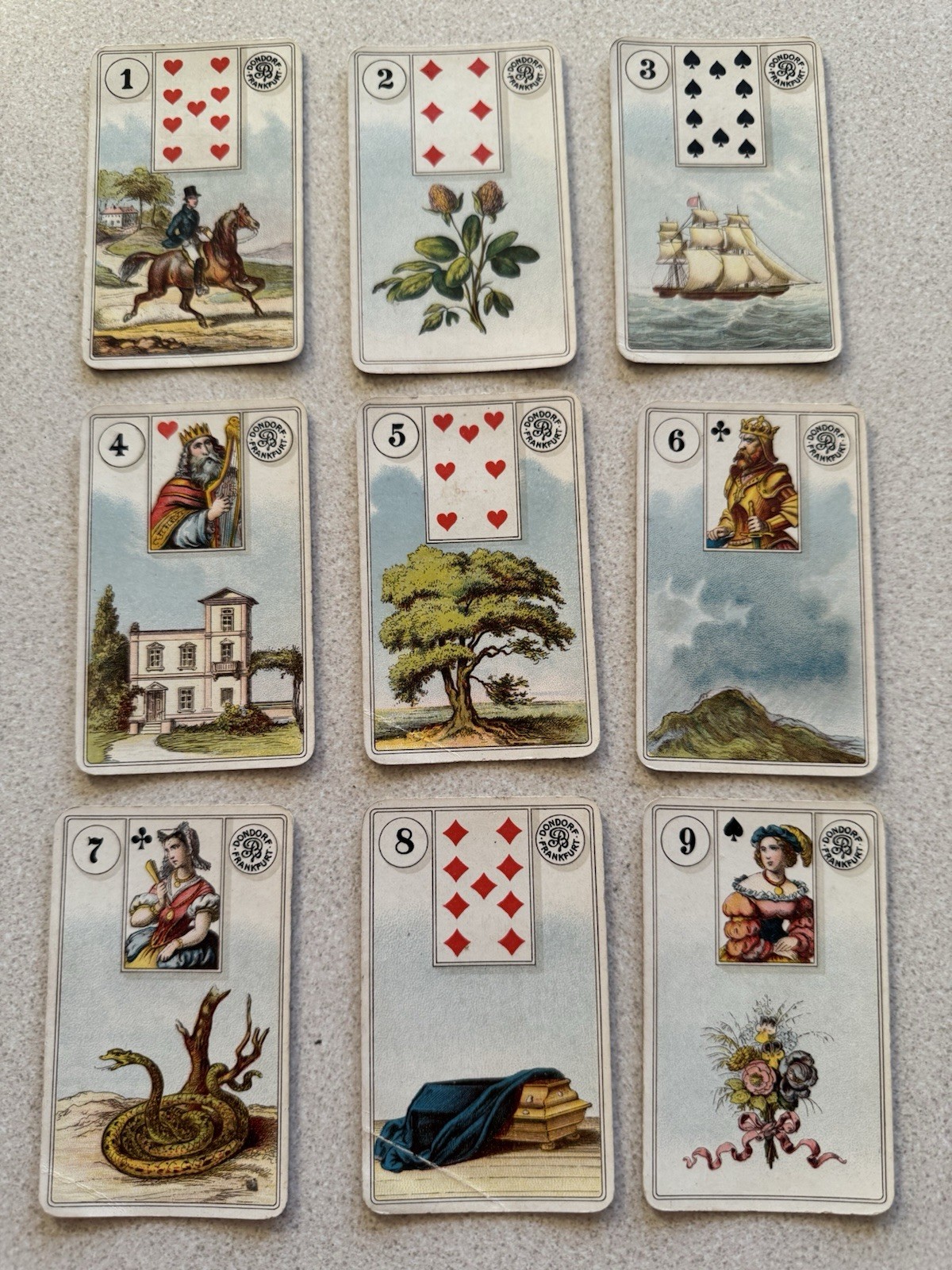 Antique B. Dondorf Lenormand Fortune Tarot All 36 Cards No Box Frankfurt c. 1910 Antique B. Dondorf Lenormand Fortune Tarot All 36 Cards No Box Frankfurt c. 1910